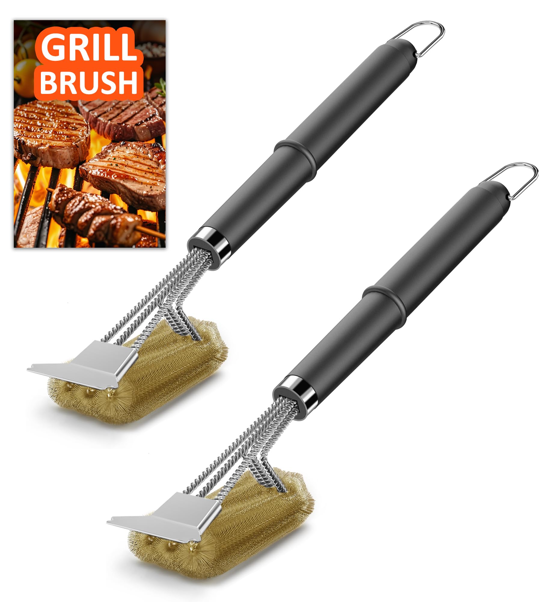 [2 Pack] Grillbürste Messing, TNTOR Grill Messingbürste mit Langer Borsten, Edelstahl Spatel und Extra Langer Wärmedämmung Griff, für Gasgrill, Holzkohlegrill, Kugelgrill, Elektrogrill und Grillrost.