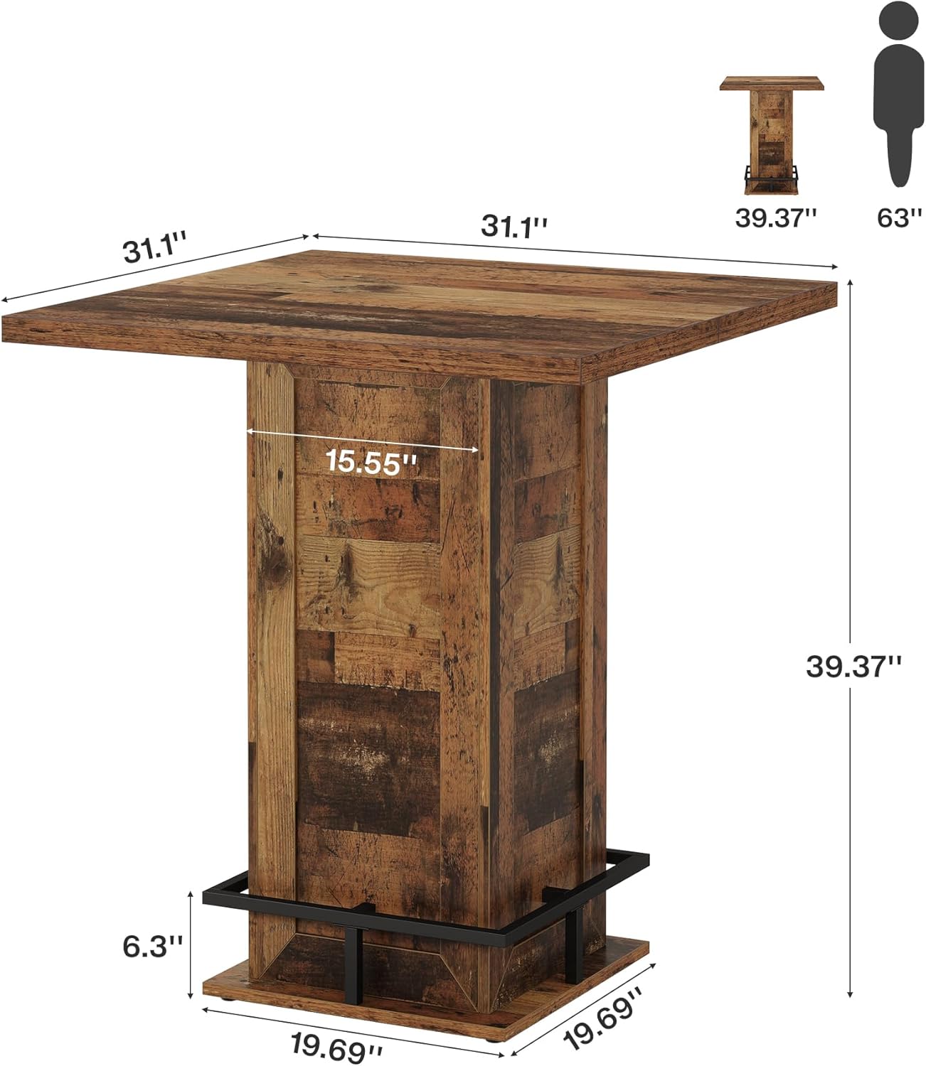 Tribesigns 39.4" H Square Bar Table, Industrial High Top Bistro Pub Cocktail Table with Metal Footrest for Kitchen Nook, Home Bar, Small Bars, Dark Brown (Table Only)