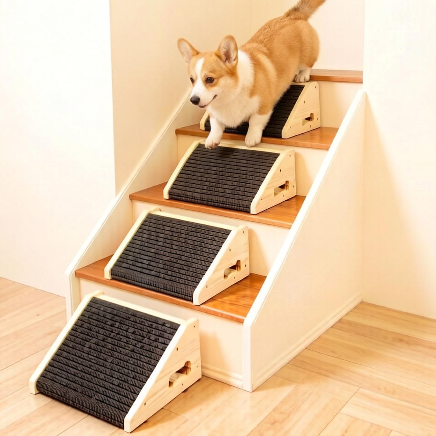 4 Stück Hunderampen für Treppen, Hundetreppe Holz mit Rutschfester Trittmatte, Treppenstufen Haustiertreppe für kleine Hunde und Katzen, Haustierstufen für ältere oder Verletzte Haustiere