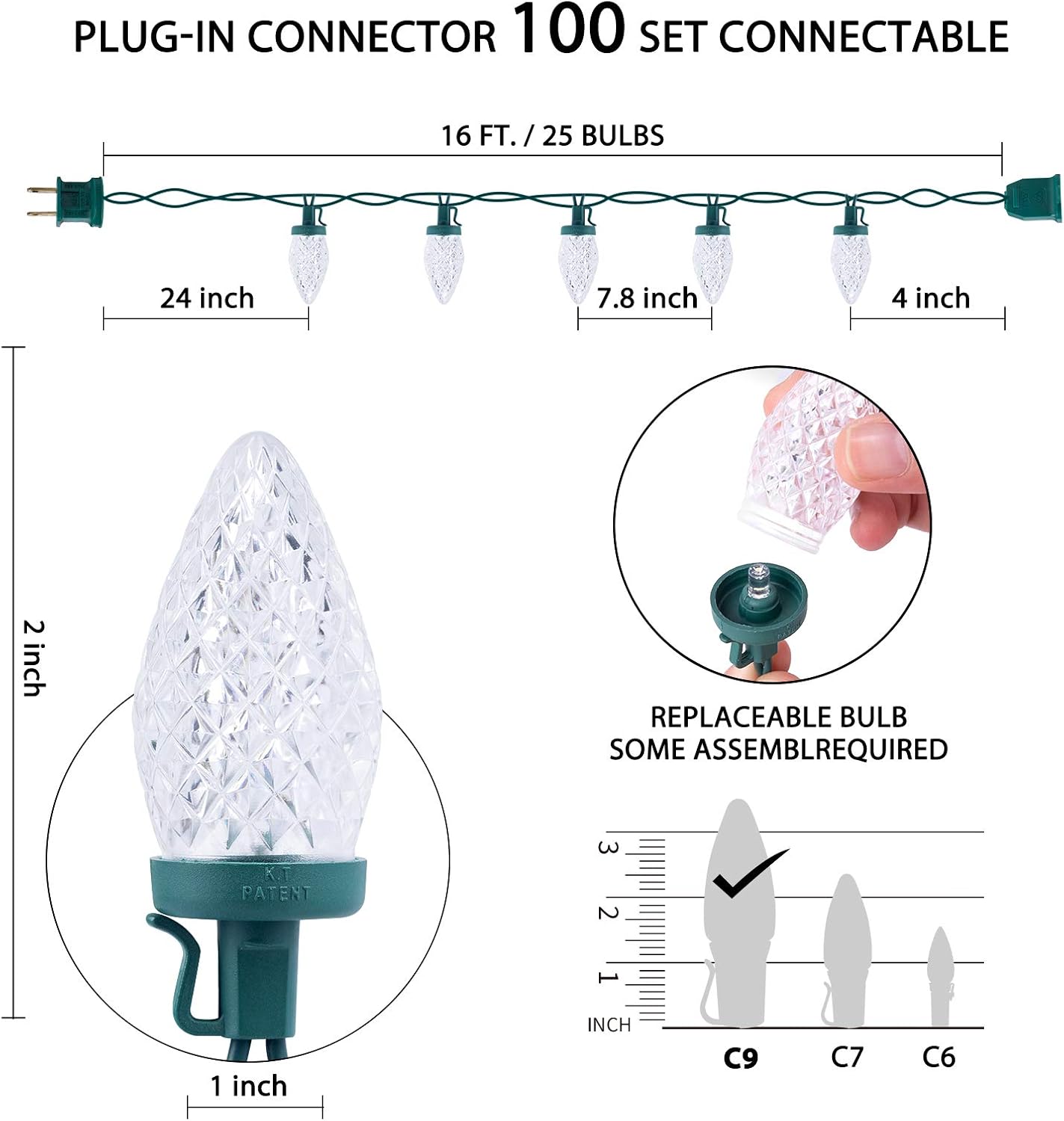 C9 Christmas String Lights Outdoor - 25 Led 16 Feet Waterproof Strawberry Lights, Extendable Green Wire String Lights for Indoor Outside Patio Wedding Party Commercial Tree Decoration, White