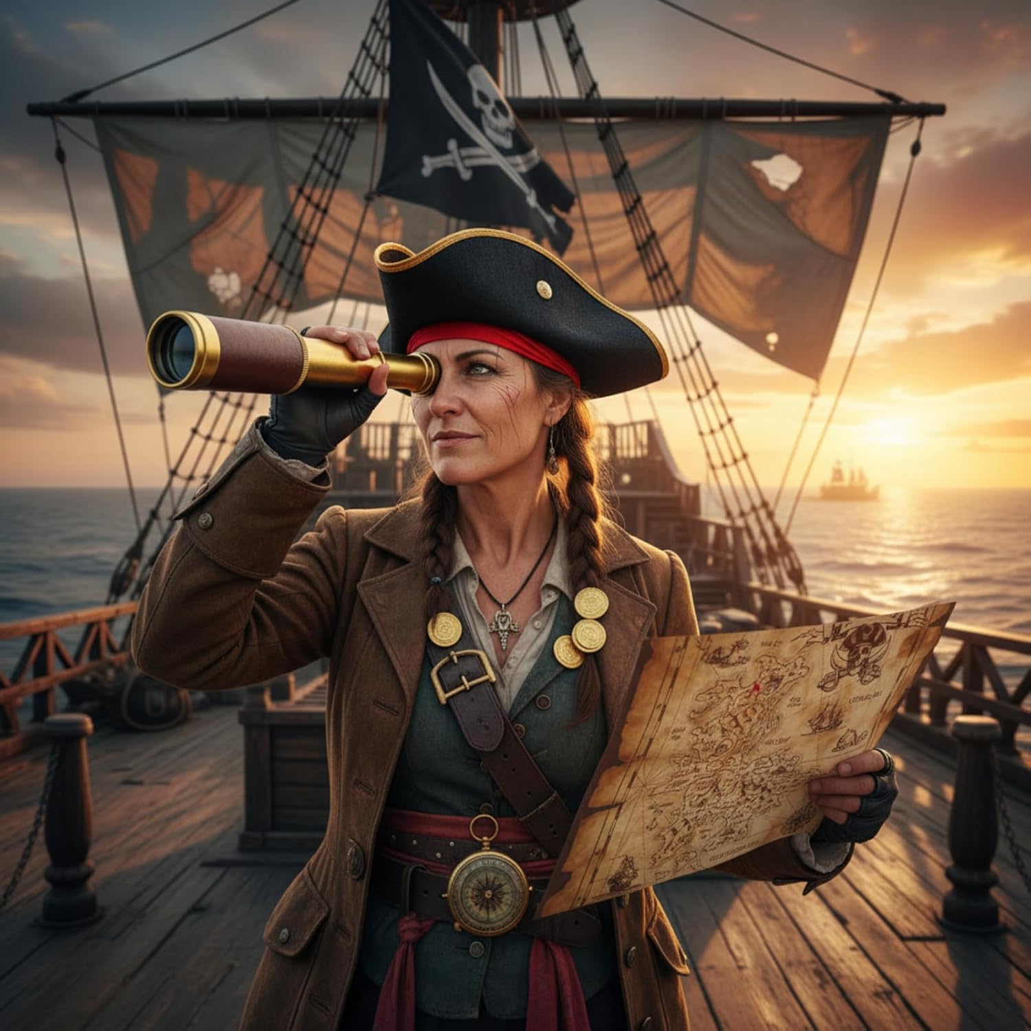 17 Piece Pirate Monocular Telescope Pirate Treasure Map Eye Patch Hat Pocket Compass Necklace Plastic Coins with Velvet Bag for Party Supplies