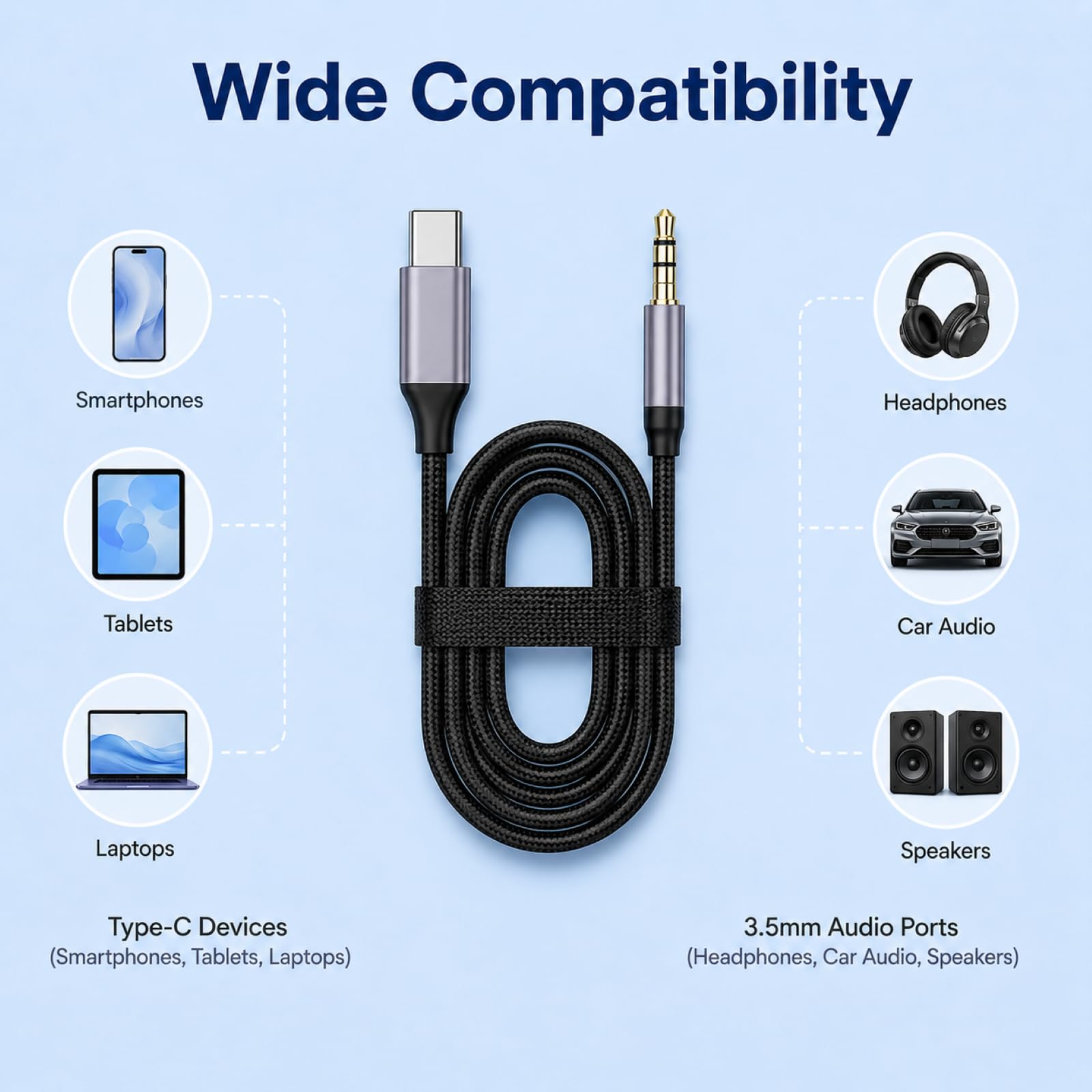USB C auf AUX Kabel, USB C auf 3,5 mm Klinke Kabel Audio 2 M mit DAC Chip, Typ C auf AUX Adapter für Autoradio Lautsprecher Kopfhörer Stereoanlagen und Geräte mit USB C Anschluss Zuhause