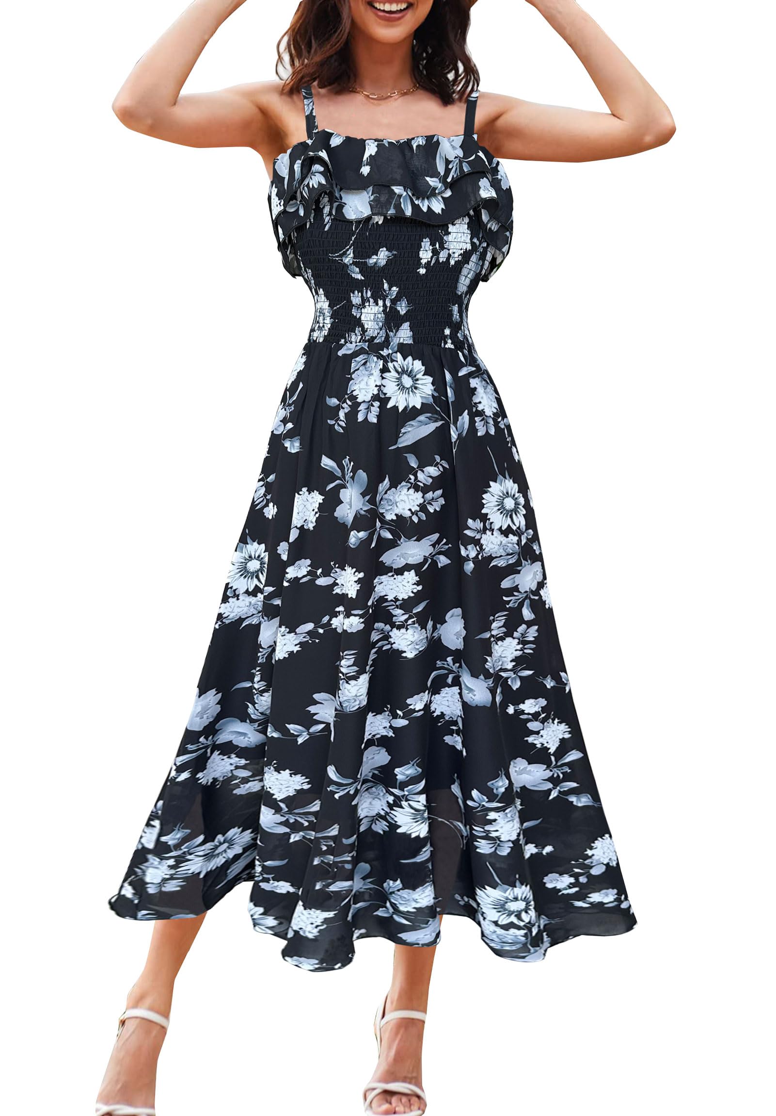 COOUFE Women's Summer Dresses 2025 Sundress Spaghetti Strap Smocked Ruffle Beach Long Dress Boho Floral Maxi Dresses