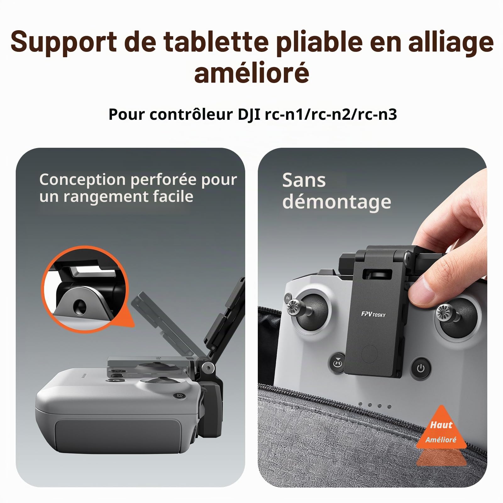 FPVtosky Support de Tablette démontable pour DJI Lito 1/ X1 /Mini 5/4 Pro/Mini 4K/Neo 2/Flip, Support de Montage Pliable pour iPad de 7-12 Pouces, Comprend Un Collier et 2 câbles pour DJI RC-N1/N2/N3