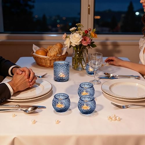 Miniatura 7 de WELLIFE - Juego de 24 portavelas votivas de vidrio azul – Portavelas de vidrio para luces de té a granel con 12 copas redondas y 12 copas