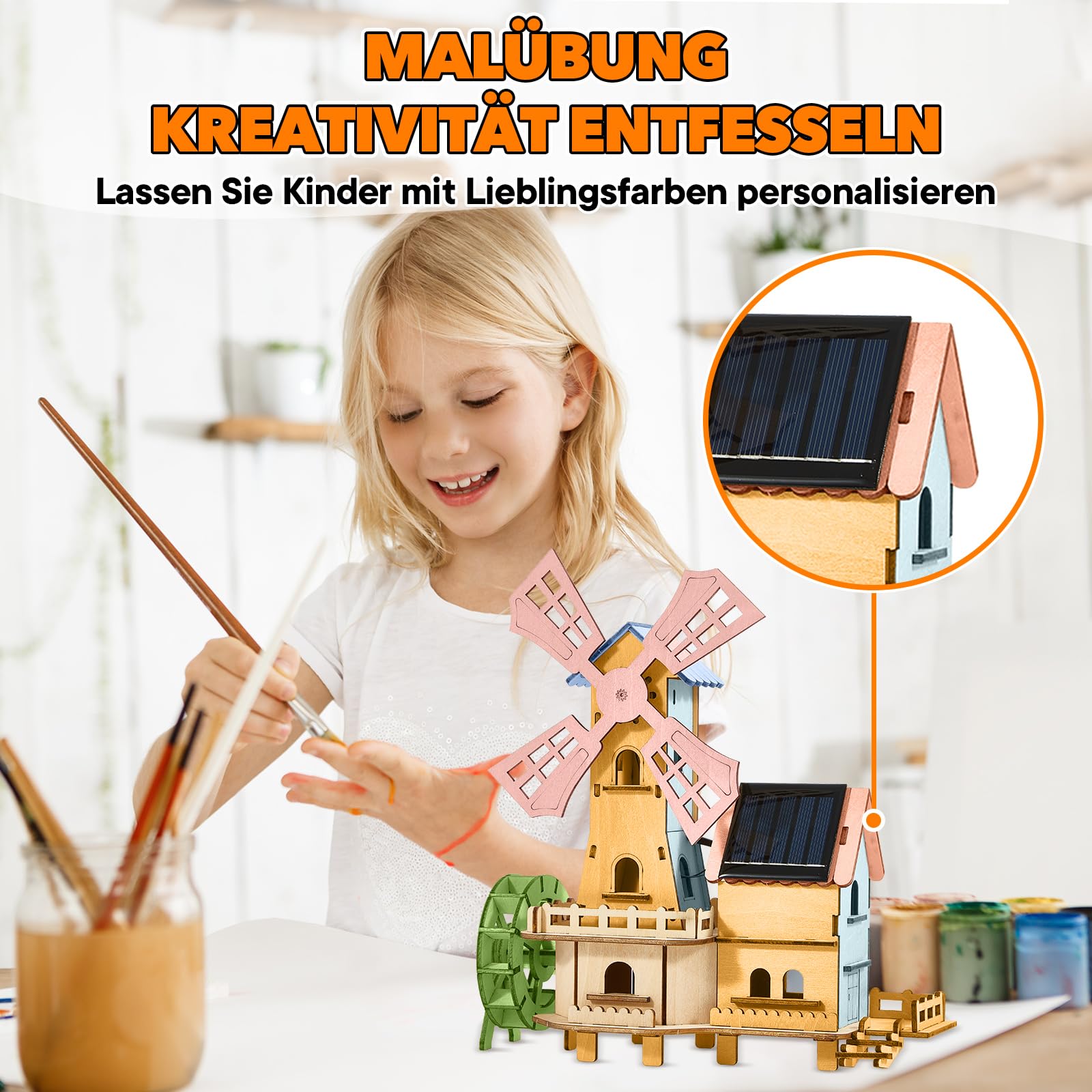 Puzzle solaire 3D en bois - Kit de construction à monter soi-même sans outil - Roue à eau - Kit de construction de moulin à vent hollandais - Expériences de menthe pour enfants de 8 à 15 ans et