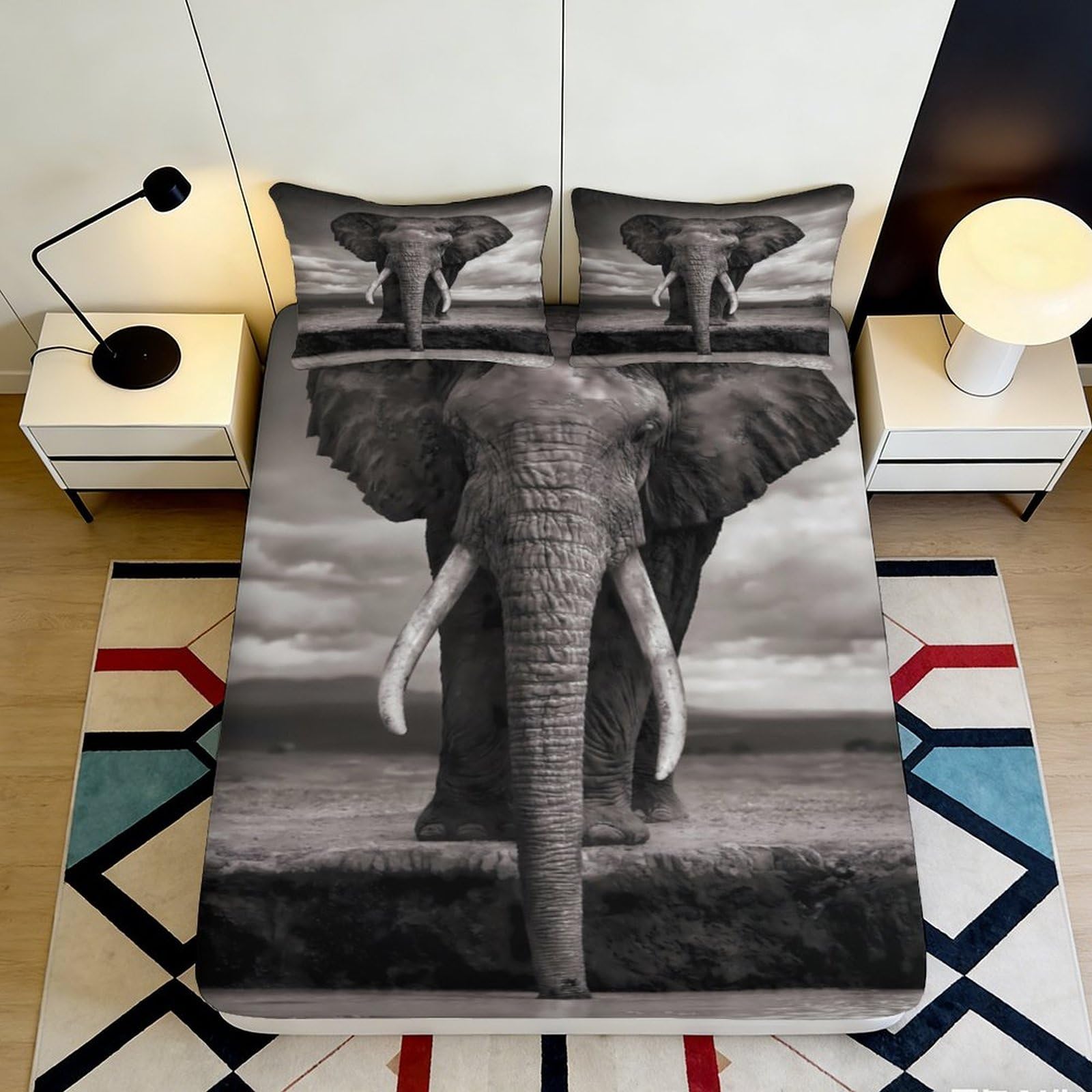 3D Printed Elephant Safari Fitted Sheet Microfiber Soft Breathable African Wildlife Bed Cover for Bedroom Decor 90x200x25cm