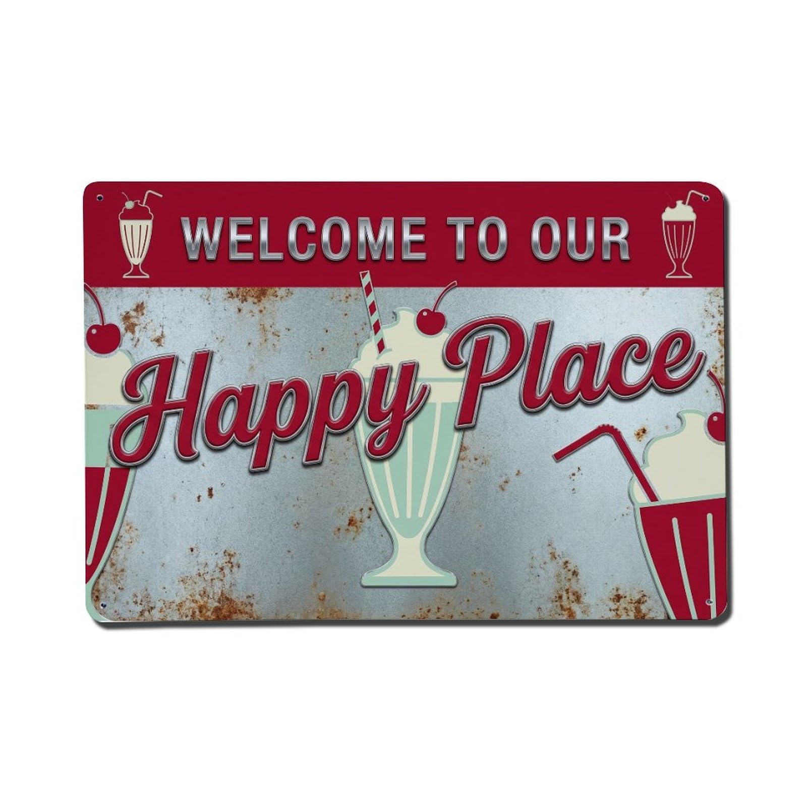 Welcome To Our Happy Place Vintage Diner Metal Tin Sign Plaque Wall Decor for Cafe, Club Bar, Office, Home Garden Metal Poster 8x12Inch