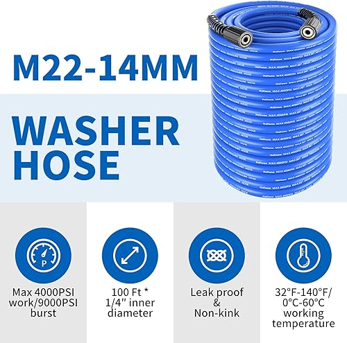 Miniatura 6 de Manguera flexible para lavadora a presión de 100 pies x 14 pulgadas, resistente a las torceduras máx. 4000 PSI, manguera de repuesto de extensión de