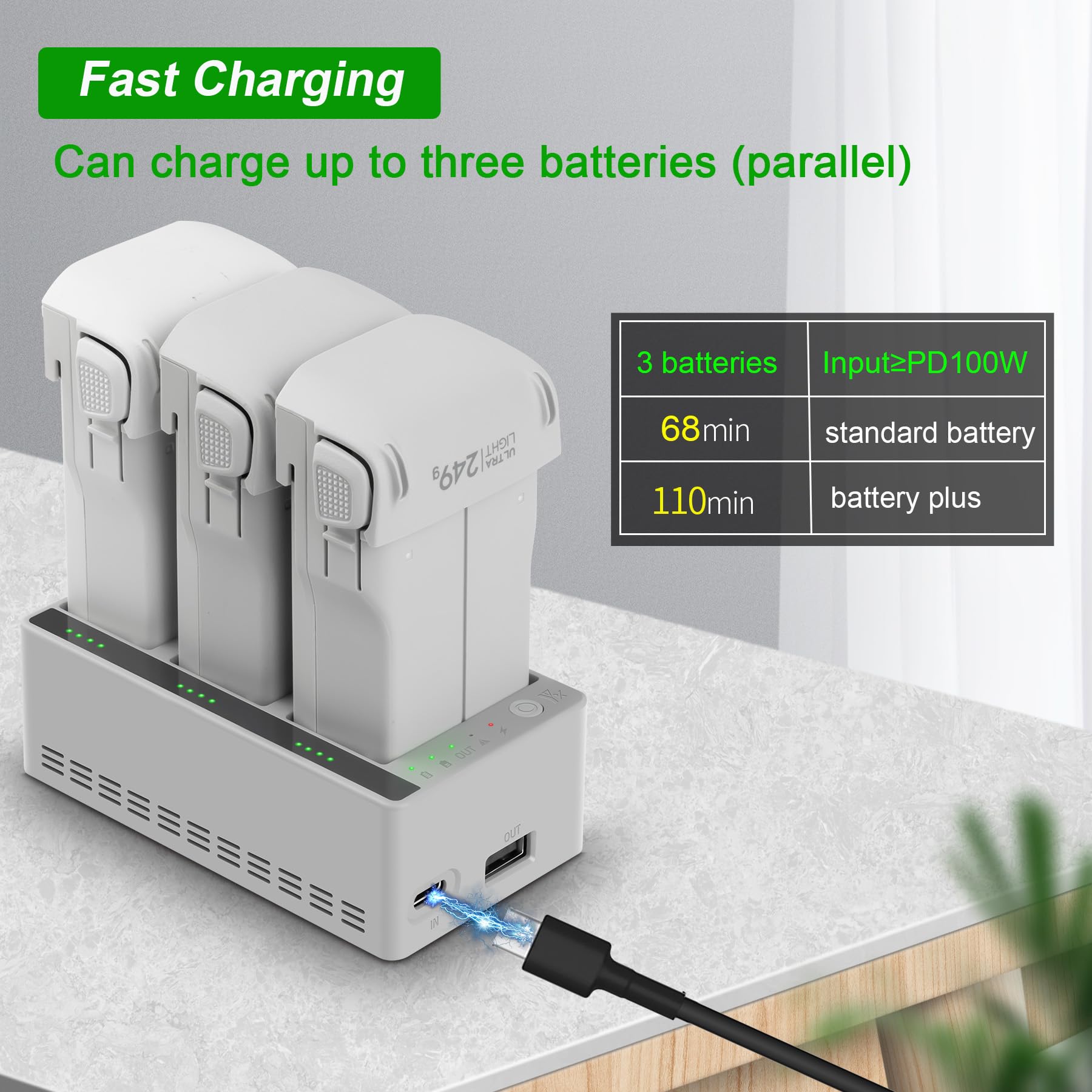 Hub di ricarica a due vie per DJI LITO X1 / LITO 1, caricabatterie rapido Case Station Battery Manager con cavo di ricarica compatibile con batteria LITO Drone, carica 3 batterie in soli 68 minuti
