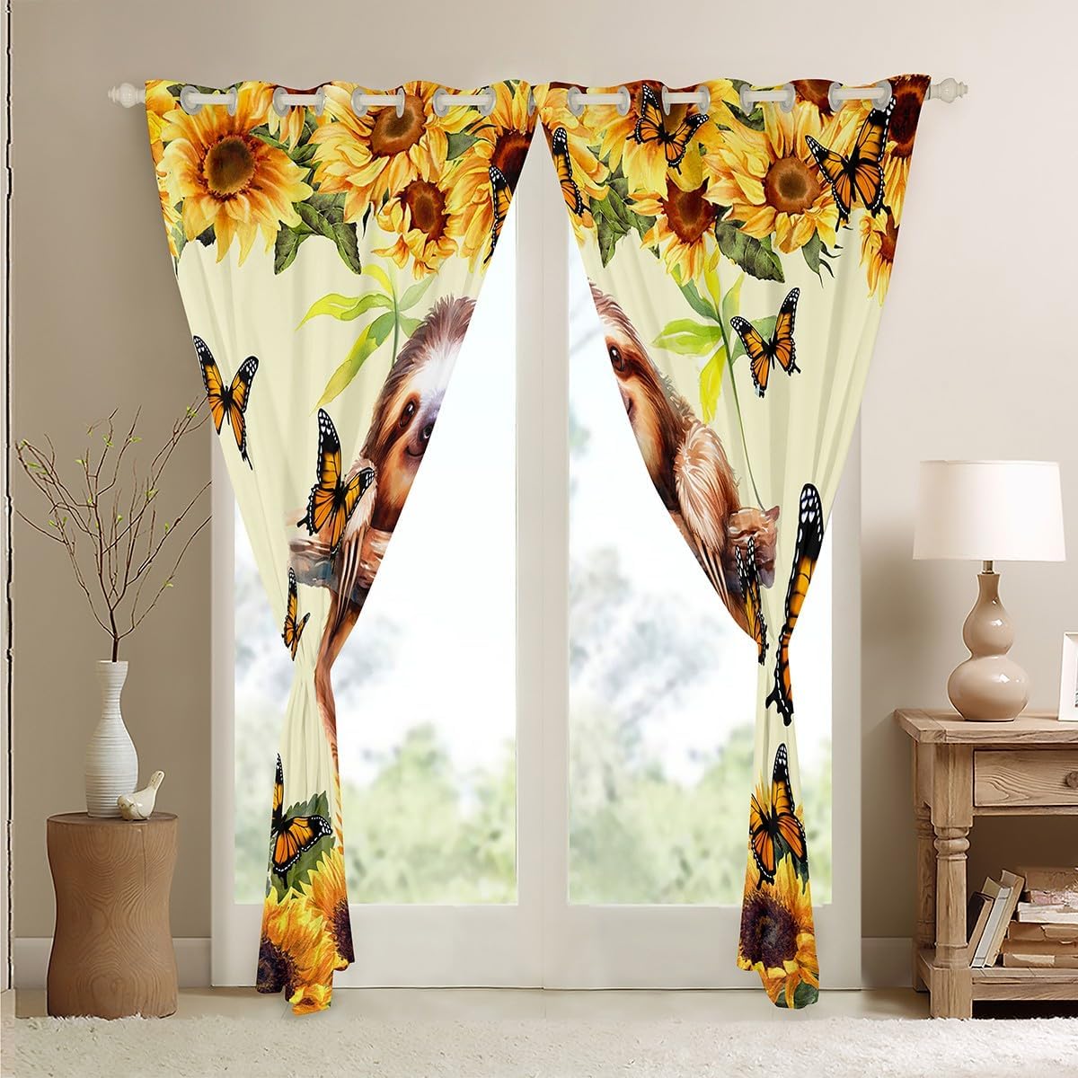 Feelyou Cute Sloth Blackout Curtain Sunflower Sloth Curtains for Kids Boys Girls Butterfly Window Drapes Botanical Floral Window Treatments 38W X 45L，2 Panels