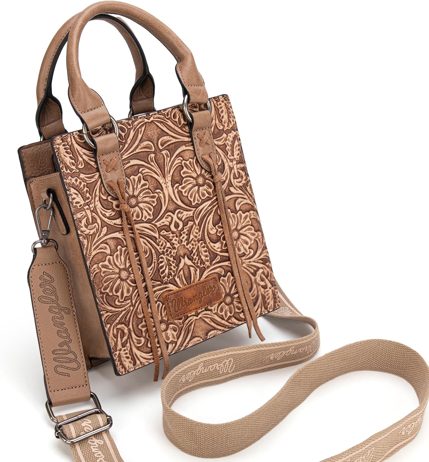 Wrangler Embossed Crossbody Purse for Women Top Handle Fringe Handbags and Western Mini Tote - Image 4