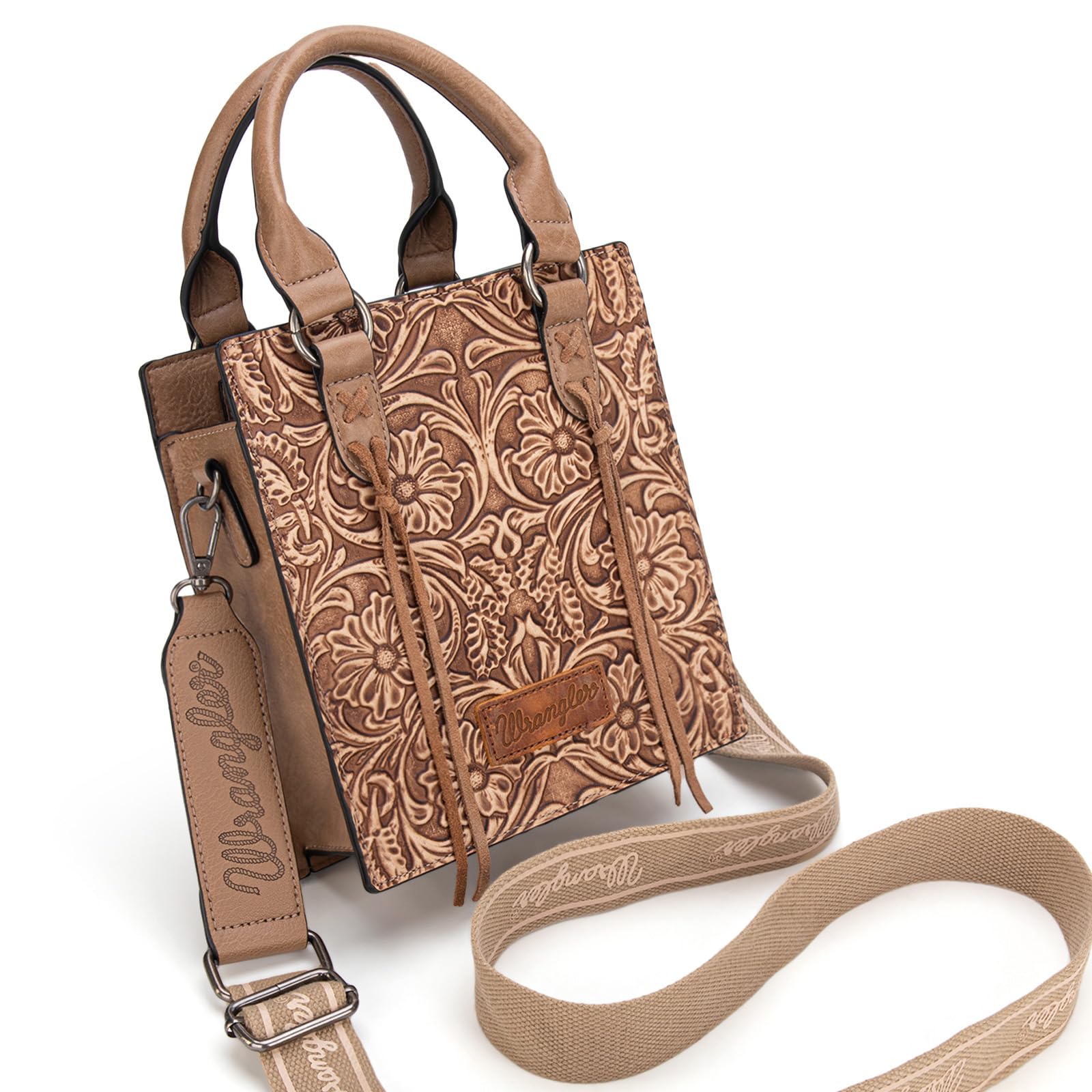 Wrangler Bolso cruzado en relieve para mujer, bolso con flecos y asa superior y mini bolso occidental