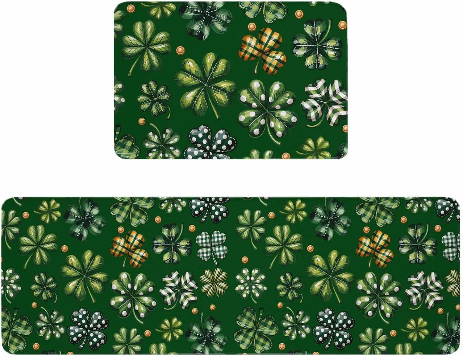 St Patrick's Day Kitchen Rugs and Mats Set of 2, Non-Slip Kitchen Sink Mat, Watercolor Shamrock Leaf Retro Dark Green Washable Doormat Bathroom Rugs Runner for Bedroom 17.7"x30"+17.7"x47.2"