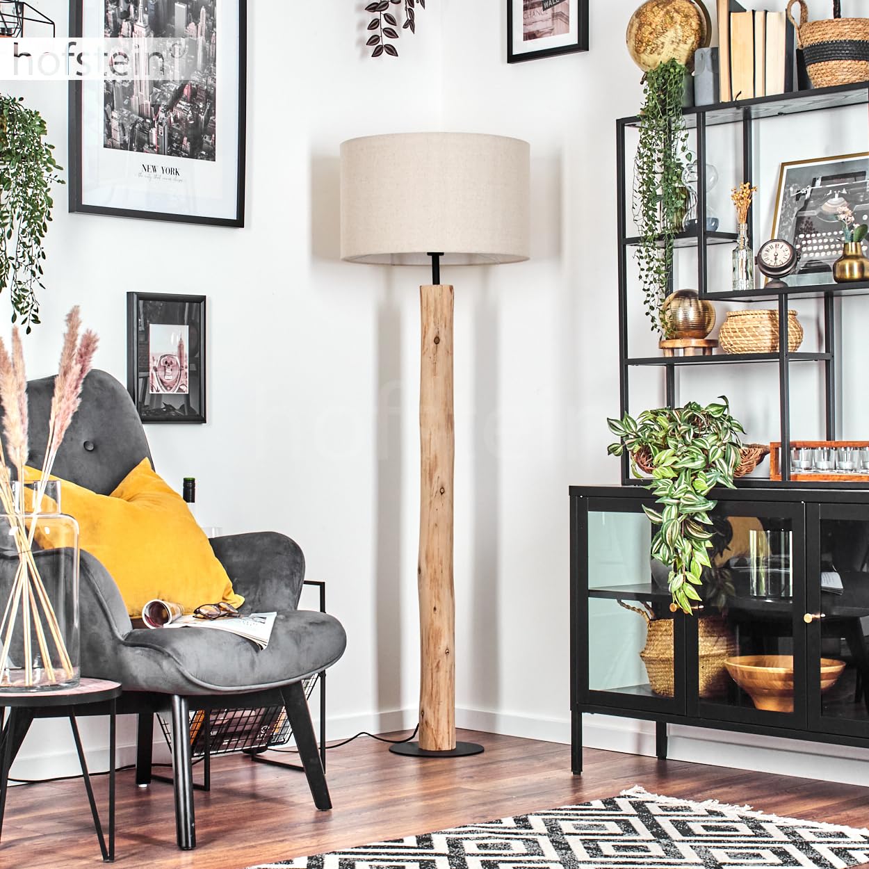Stehleuchte Flemming, Stehlampe aus Holz/MetallStoff in Natur/Schwarz/Beige, Leuchte im skandinavischen Design mit rundem Schirm (Ø 50 cm) u. Fußschalter, Höhe 159 cm, 1 x E27, ohne Leuchtmittel