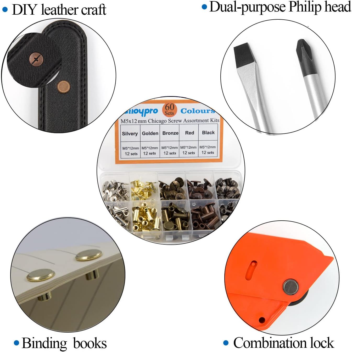 60 Sets Chicago Screws Assorted Kit 5 Color Leather Rivets Screw Rivets Flat Fillister Book Binding Posts Nail Rivet Chicago Bolts for DIY Leather Craft Black Silver Golden Bronze (Colours 5×12mm) image 4