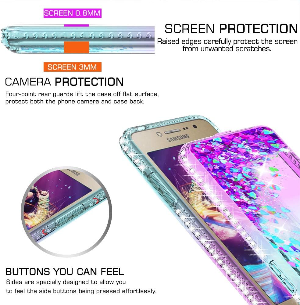 LeYi Galaxy Grand Prime Case, Galaxy J2 Prime Case w/Tempered Glass Screen Protector for Girls Women, Glitter Bling Sparkle Diamond Liquid Phone Case for Grand Prime Plus / G5308 ZX Teal/Purple
