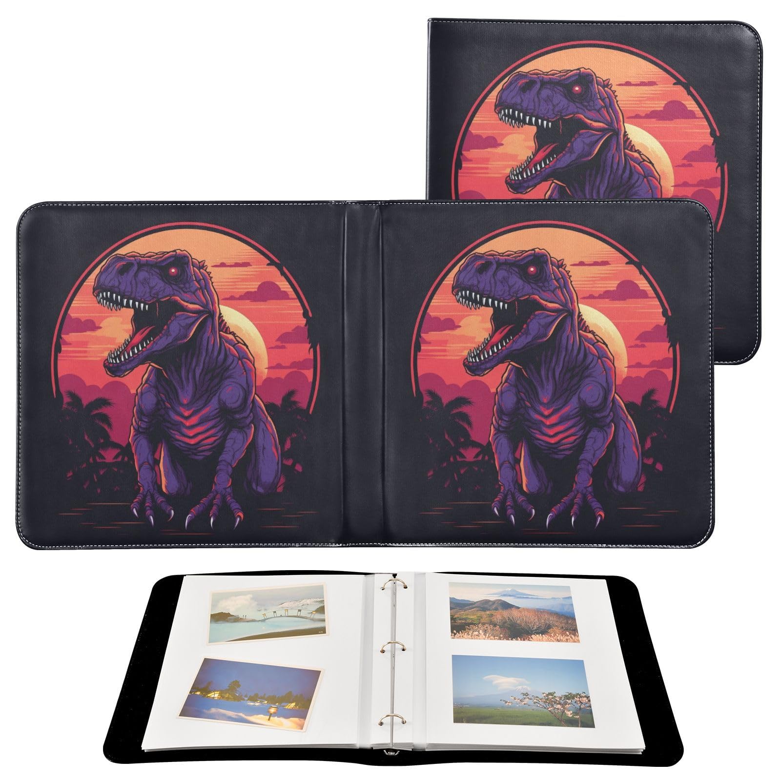 JIPONI Roaring Dinosaur Large Photo Album, DIY Leather Cover Scrapbook Albums for 4x6 5x7 6x8 Pictures, Self Adhesive Memory Book for Wedding, Baby, Family