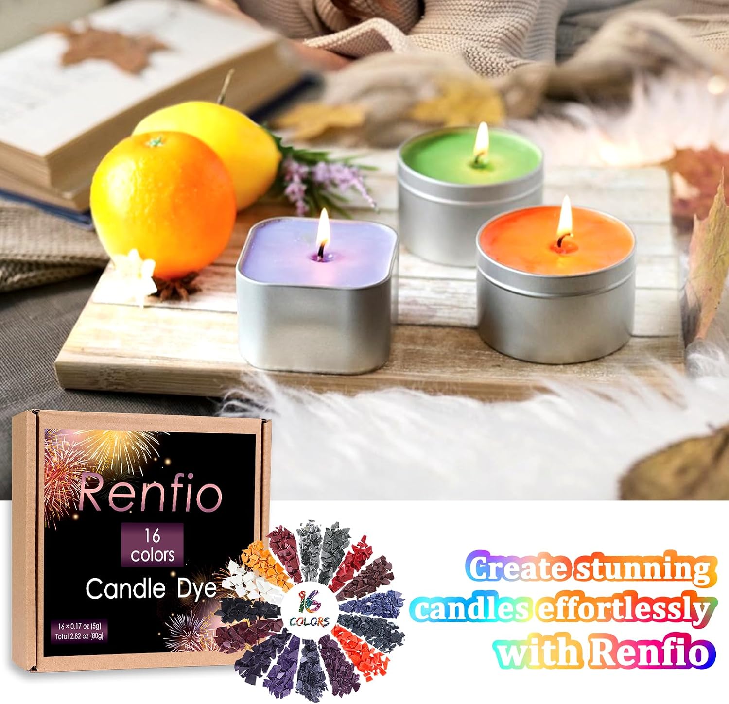 Renfio 16 Colors Candle Dye - 0.17oz/5g Each for Soy Wax, 54.4b Wax Making Accessories - Highly Concentrated Coloring Chips for Candle Making Supplies