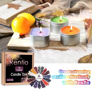 Renfio 16 Colors Candle Dye - 0.17oz/5g Each for Soy Wax | 54.4b Wax Making Accessories - Highly Concentrated Coloring Chips for Candle Making Supplies