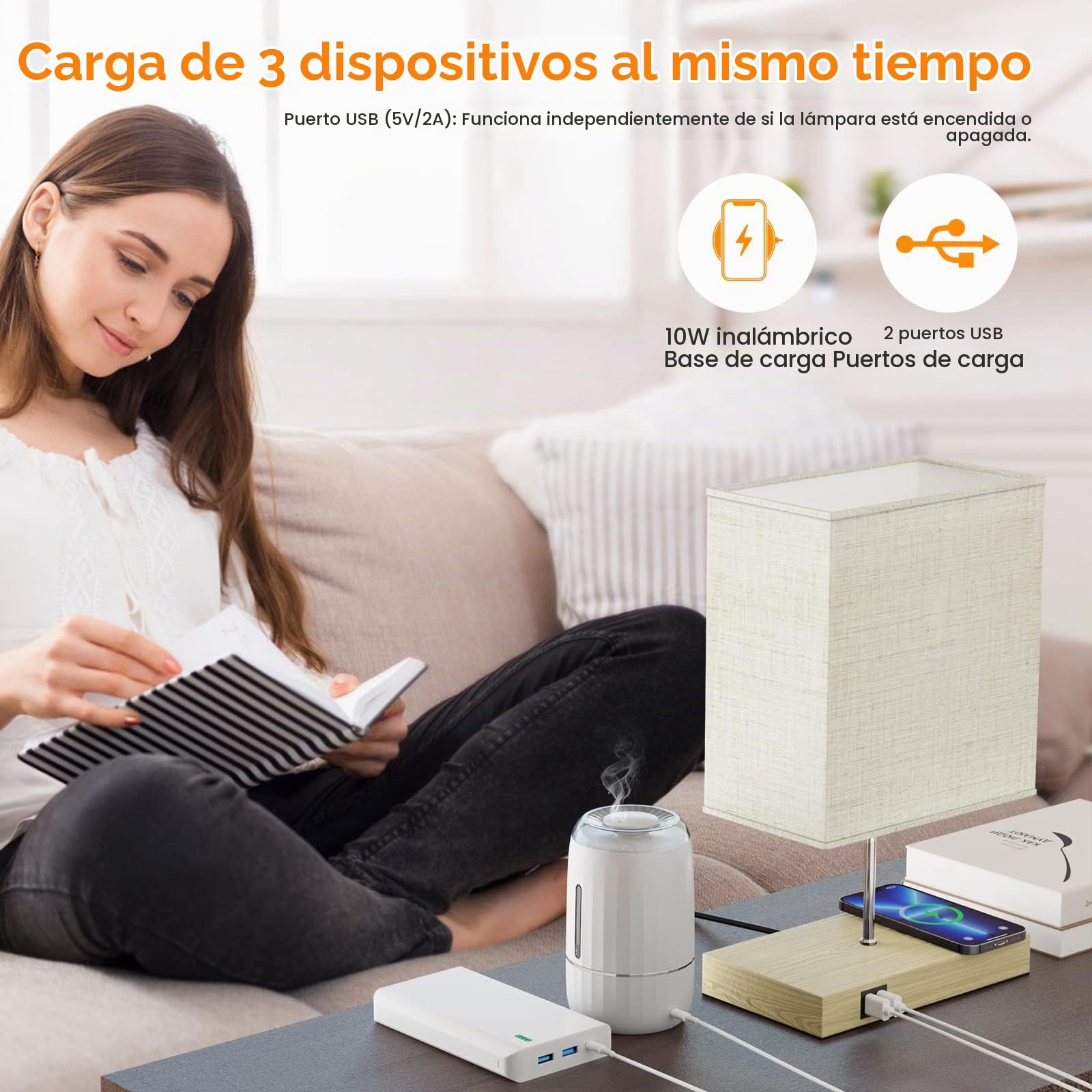 GLUROO Lamparas de Mesita de Noche con Cargador Inalámbrico, Lámparas de Mesa Táctil, 2 Puertos de Carga USB, Regulable de 3 vías Lámpara de Noche Vintage para Habitación,Salon,Oficina