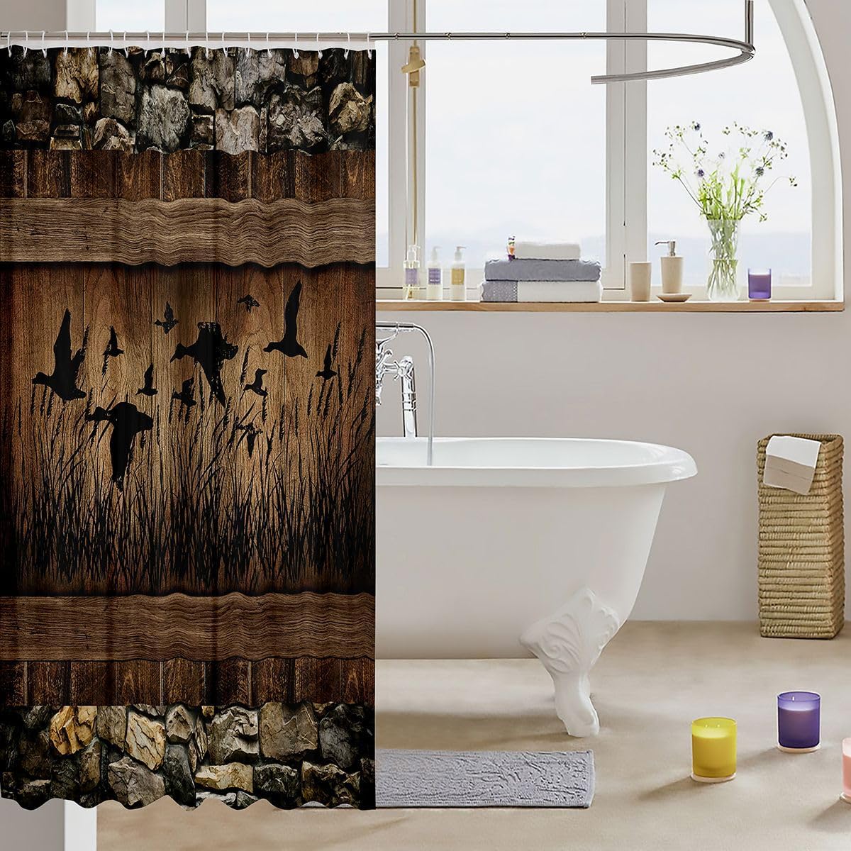 Erosebridal Mallard Duck Hunting Shower Curtain 72" Wx72 L Farmhouse Lodge Bathroom Curtain Rustic Cabin Bathroom Accessories for Kids Adults,Brown Country Wooden Stone Shower Decor image 3