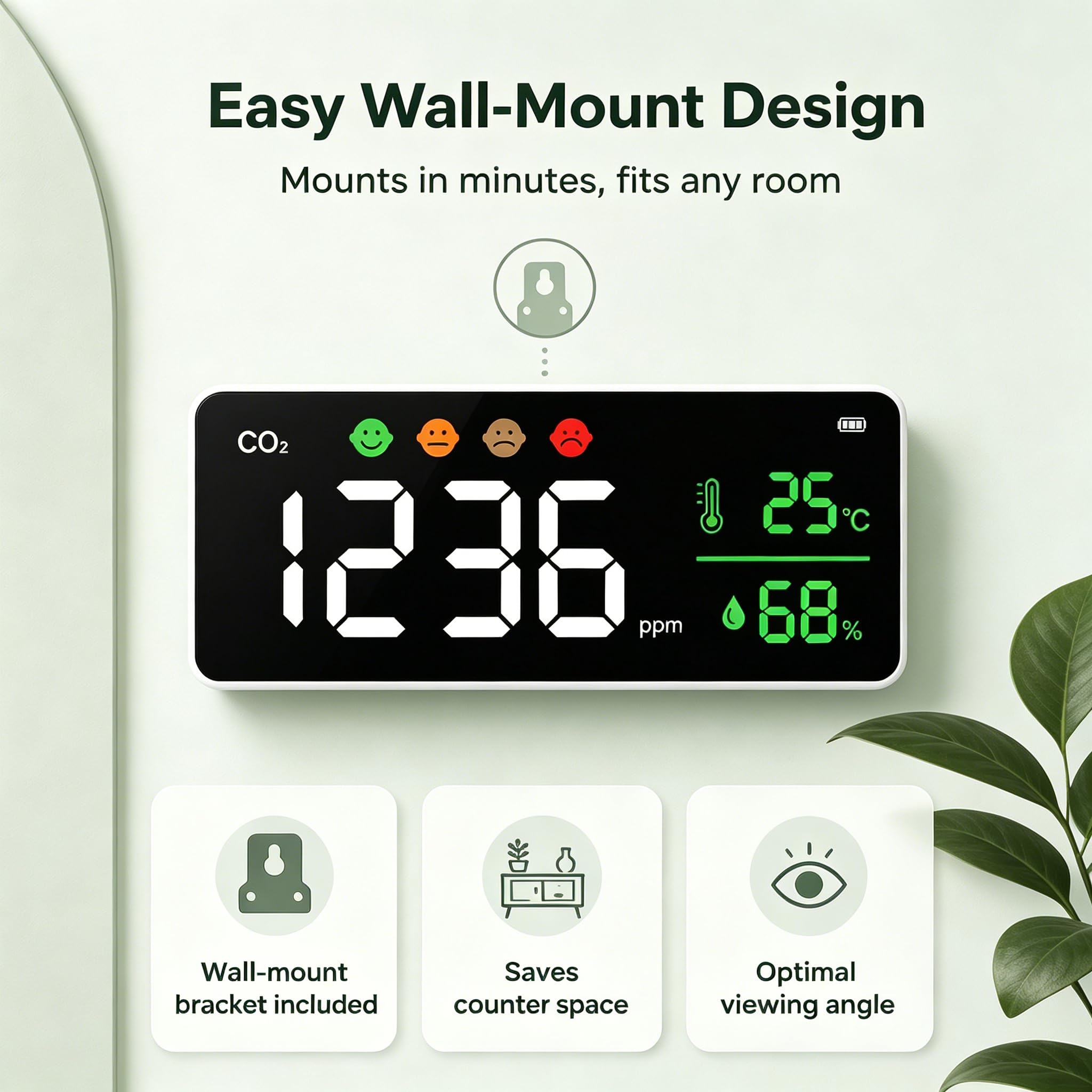 Monitor de Calidad del Aire, Pantalla LED de Montaje en Pared, Detector de Concentración de CO2, Termómetro, Higrómetro, Indicador de 4 Etapas para Uso en Interiores