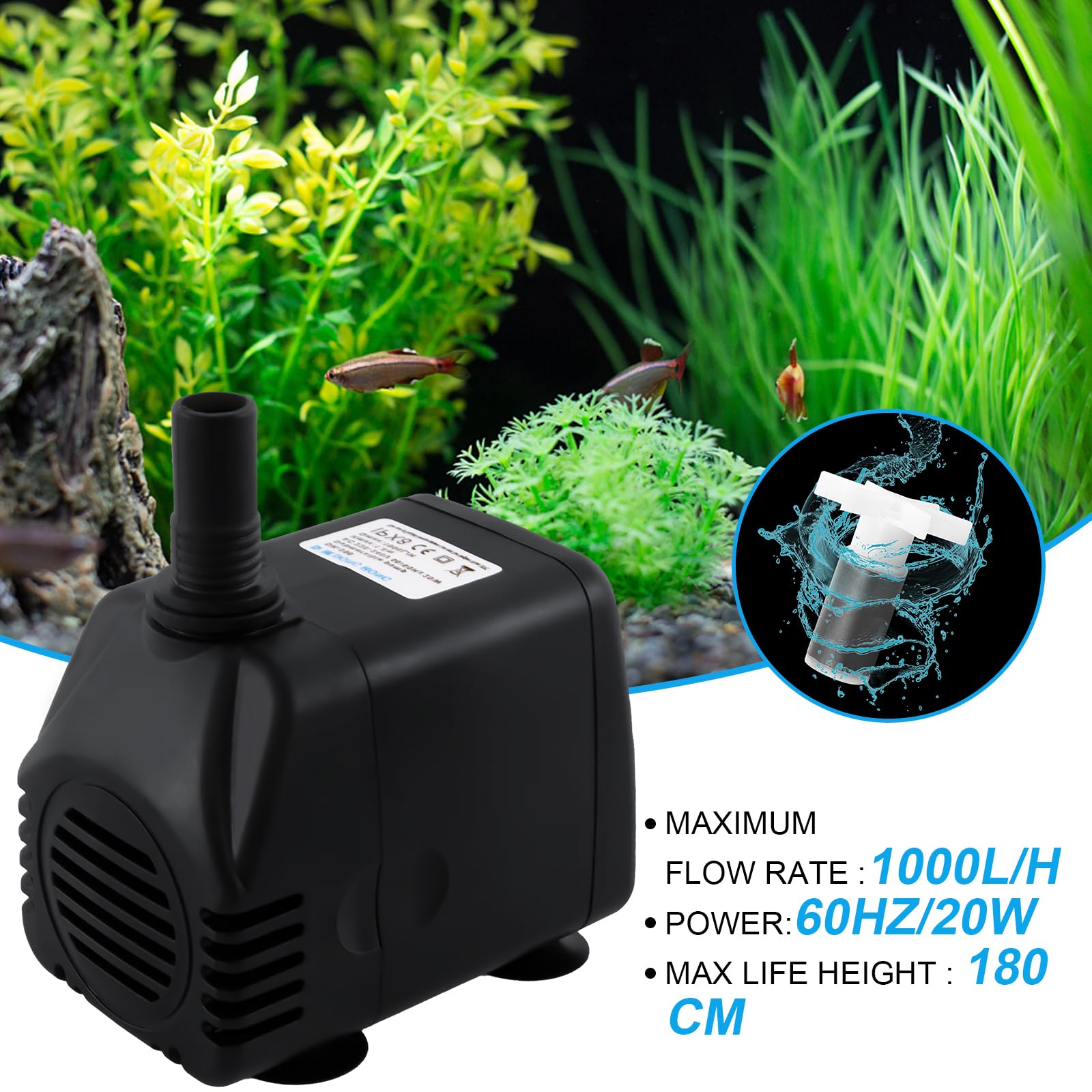 Pompa sommergibile per stagno, pompa per laghetto, 1000 l/h, pompa per acquario, giardino, con 4 potenti ventose (20 W)