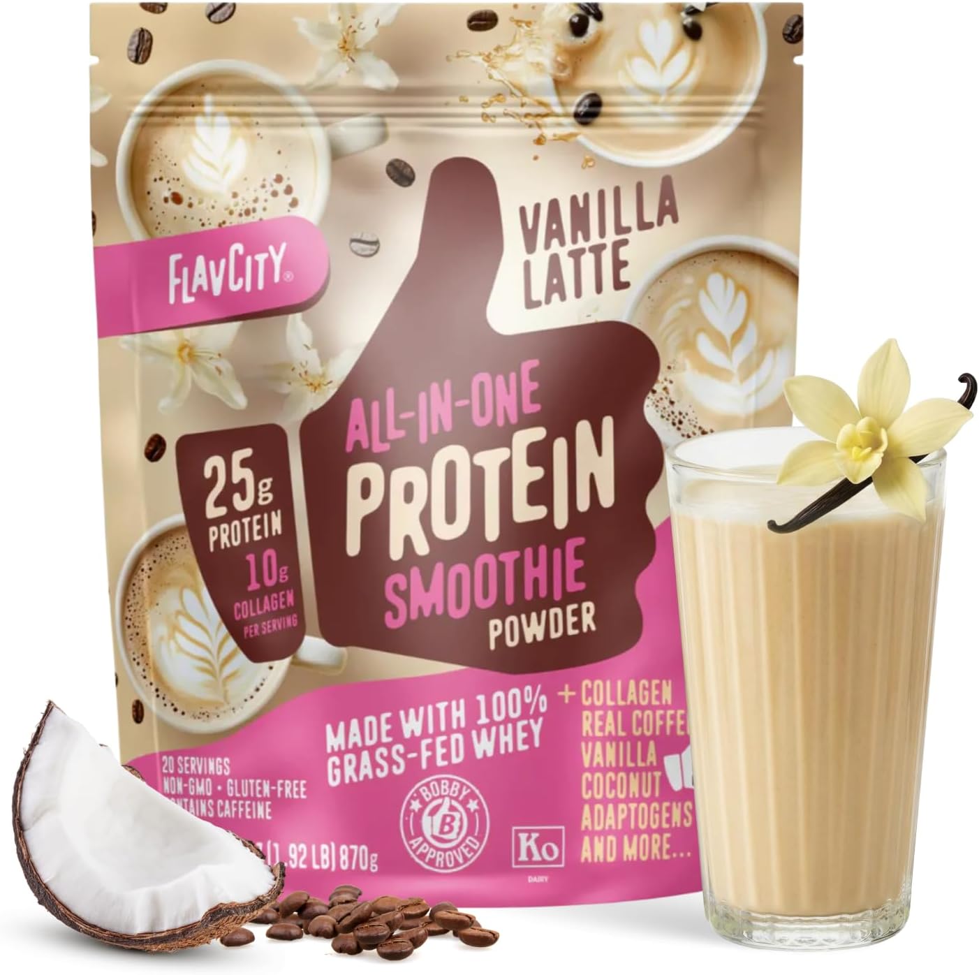 FlavCity All in One Protein Shake Powder, Vanilla Latte - 60mg Caffeine + Collagen Peptides, Reishi & Cordyceps - Focus, Skin, Hair & Joint Support - 100% Grass Fed Whey, 20 Servings