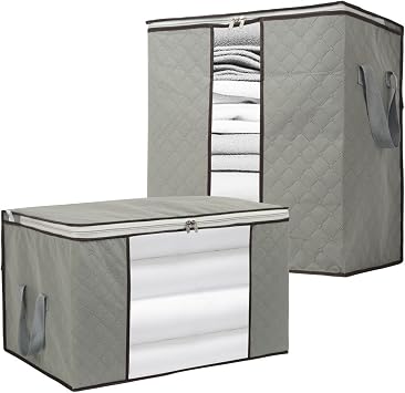 2 Pack Foldable Large Storage Bags - 1L for Comforter 24 x 16 x 14 inch L x W x H + 1M 19 x 18 x 11 inch for Blanket Quilt Clothes Pillow - Clear Window & Handles - Closet Under Bed Organizer
