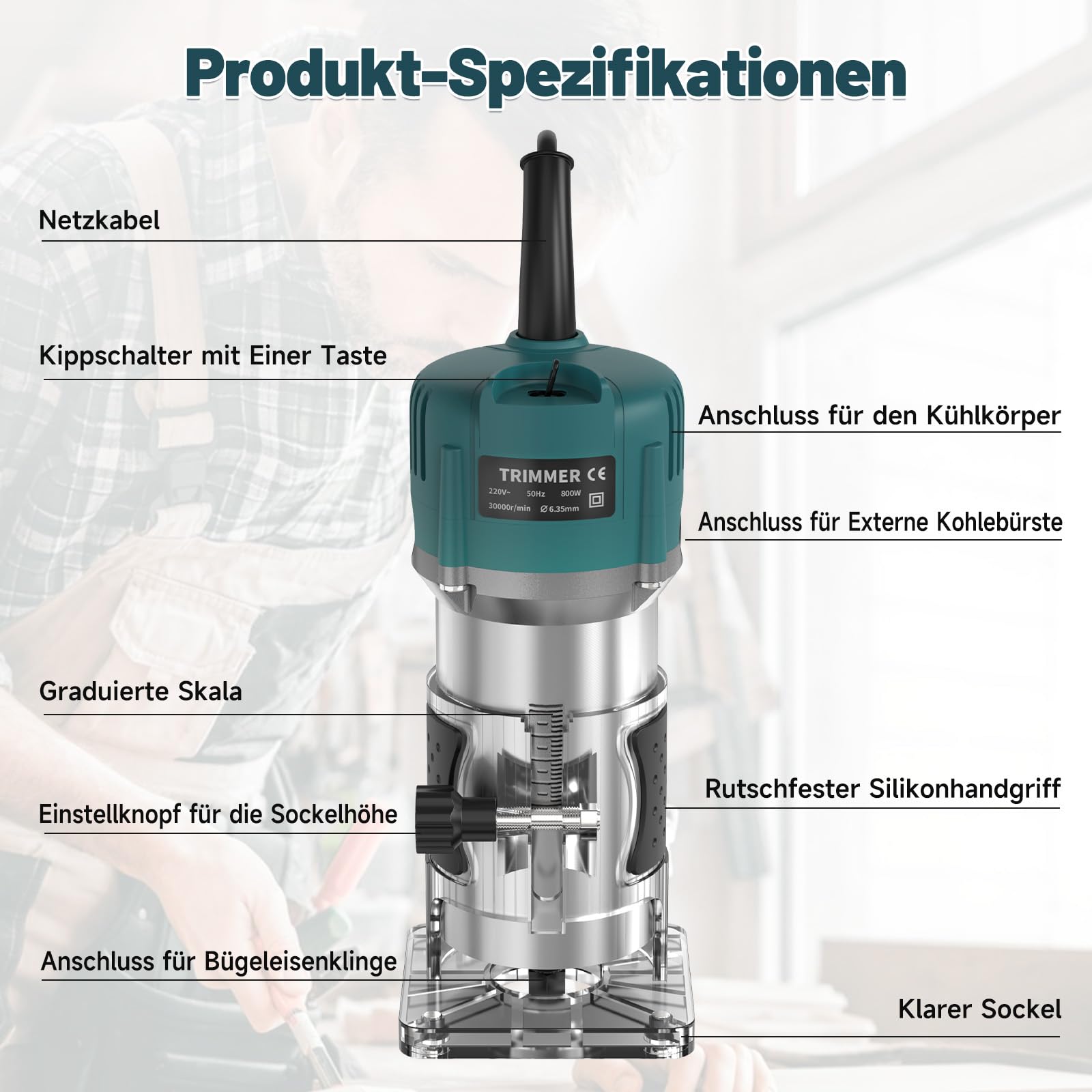 Yofuly 800W Oberfräse Holzfräse, 220V Einhandfräse Oberfräsen Trimmer 30000r/min 6.35mm Spannzangen mit 15 Pcs 1/4" Fräser Set, kantenfräse mit Tragetasche