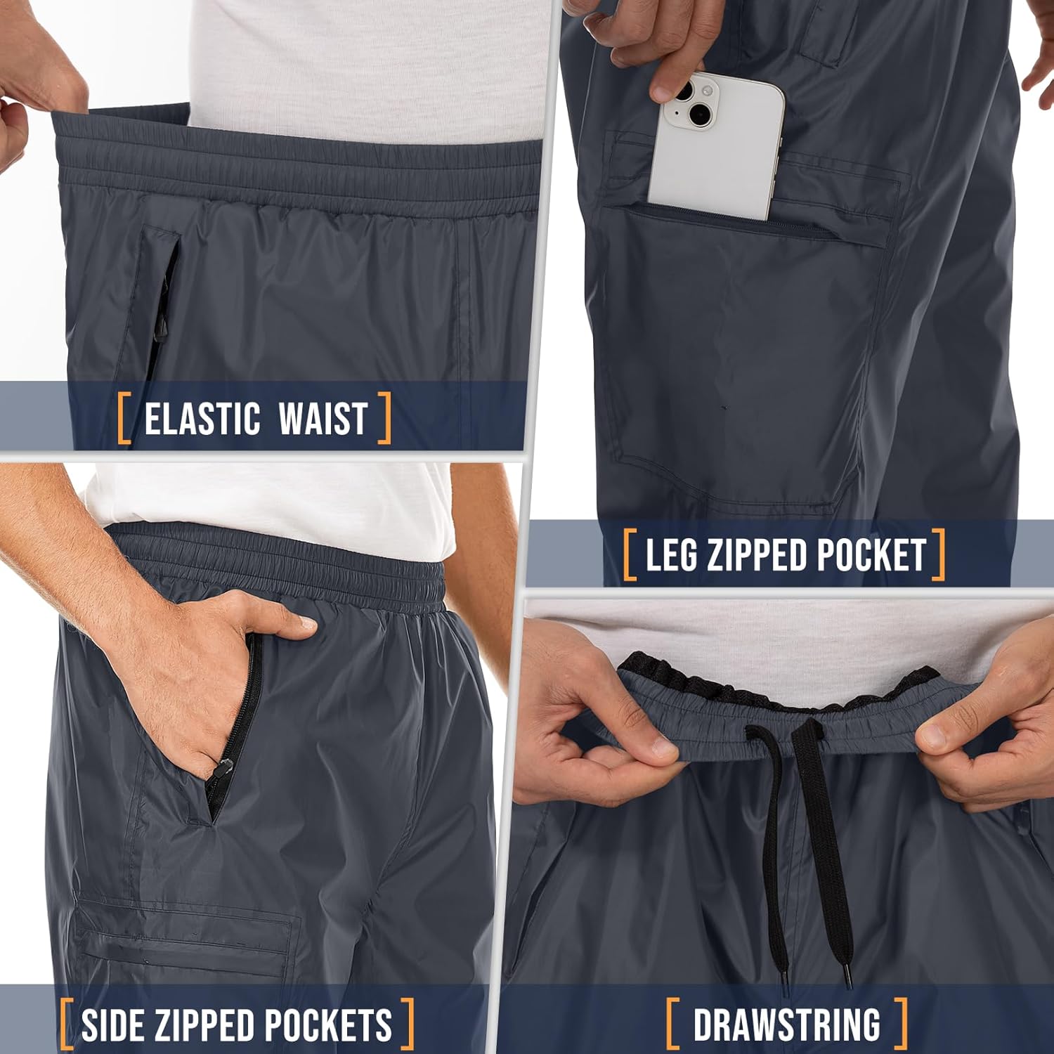 Men's Rain Pants Waterproof Over Pants Windproof Outdoor Hiking Pants for Golf,Fishing,Cycling - Image 4