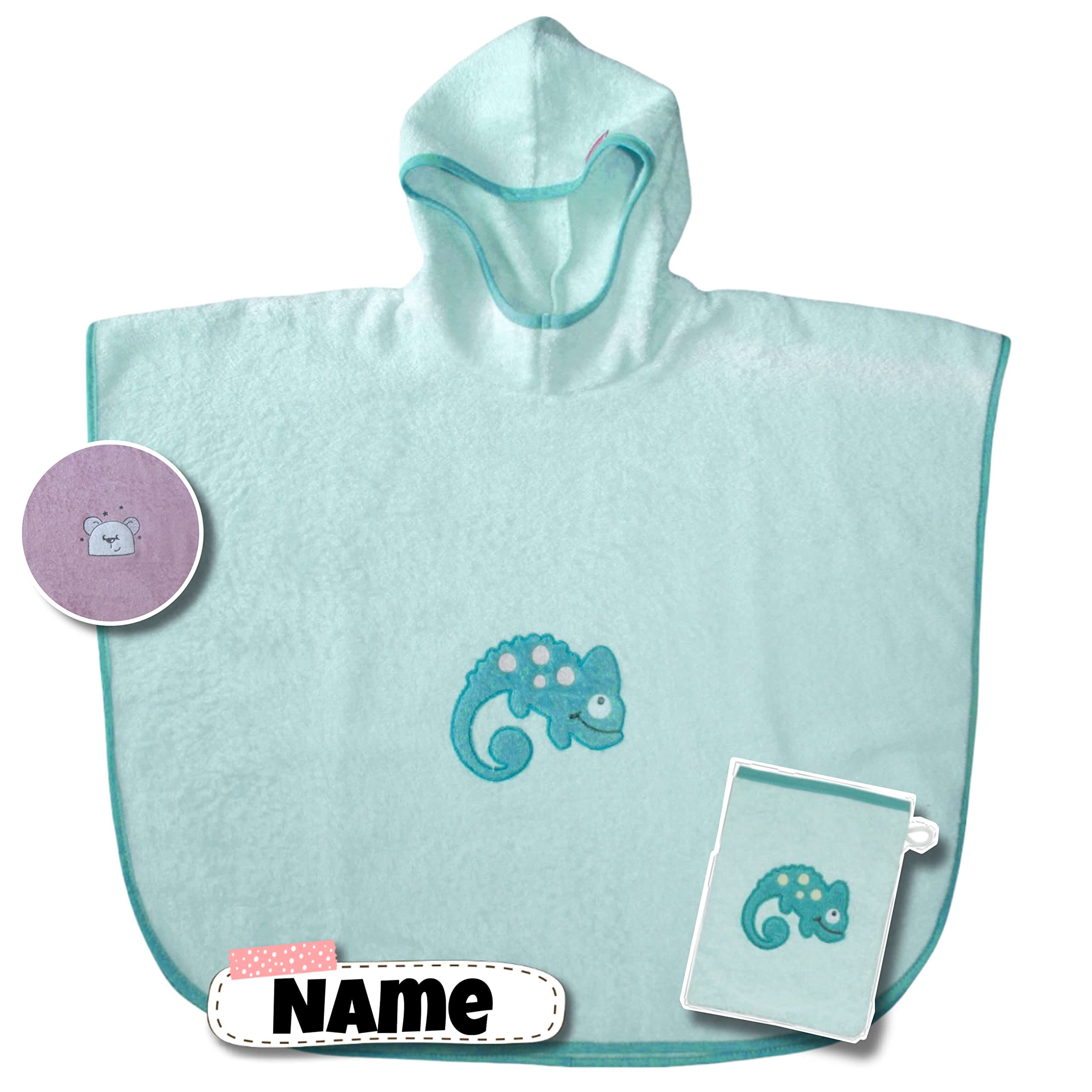 Set Badeponcho + Waschlappen personalisiert | 100% Baumwolle | personalisiert mit Namen | Kapuzenbadetuch Bademantel Kinder | Kinder Badetuch | bis 7 Jahre (Chamäleon Mint)