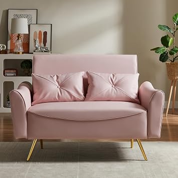48" Faux Leather Loveseat, Mid Century Modern Futon Sofa with 2 Pillows, Small Couch for Small Space, Living Room, Bedroom, Apartment, Home Office Pink