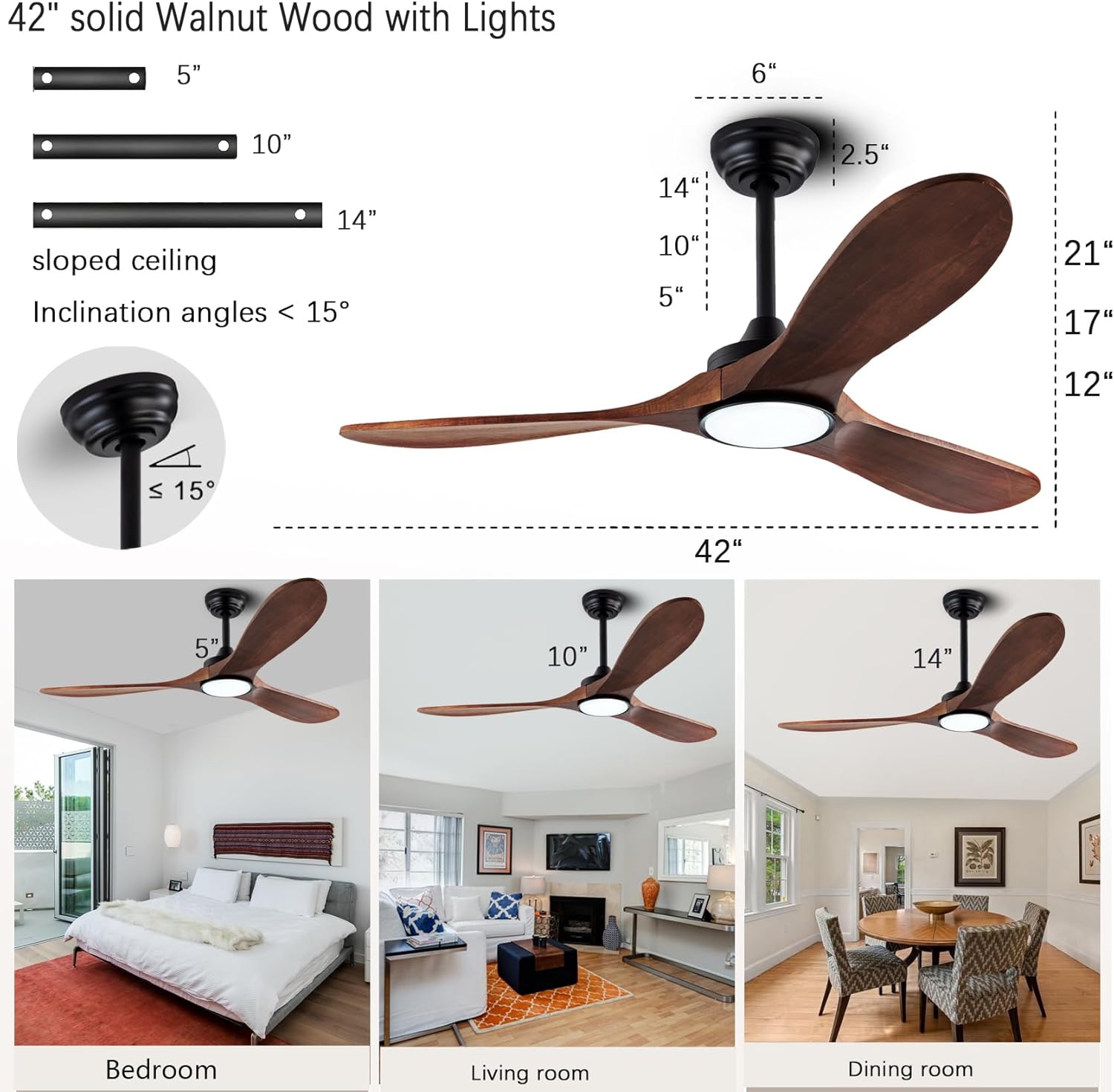 42”ceiling fans with light and remote control, lighted wooden ceiling fan noiseless reversible dc motor with 3 blades for farmhouse, living room, office, indoor outdoor (black + walnut) black + walnut 42-inch