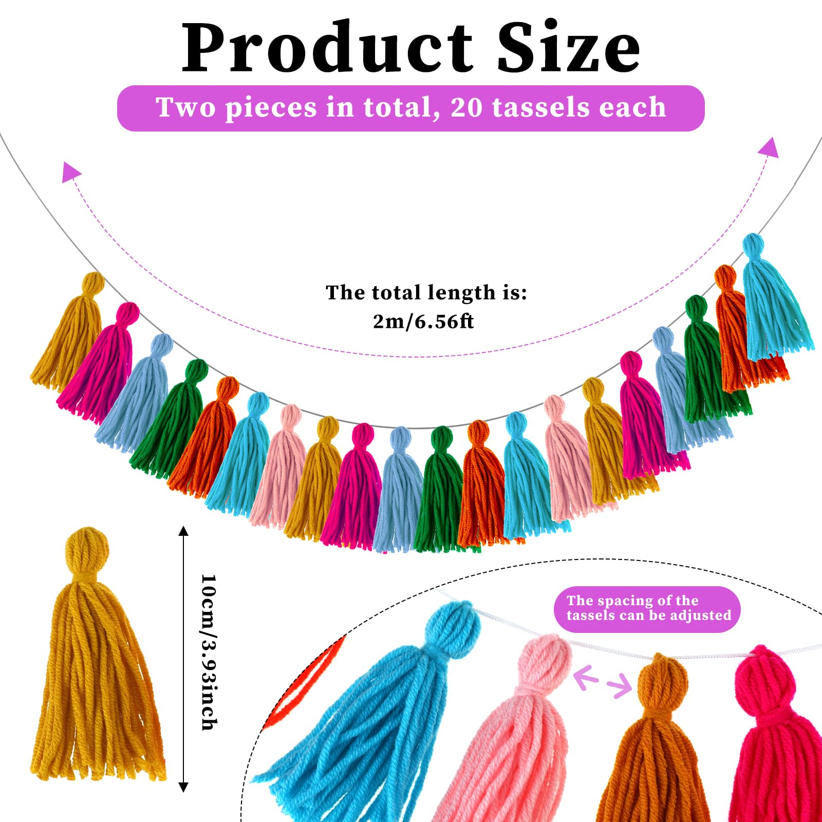 2 Pcs Boho Tassel Banner Rainbow Wall Hangings Colorful Fringe Garland for Classroom Office Birthday Graduation Party Wedding Bedroom Decoration (4 Inch Tassels)