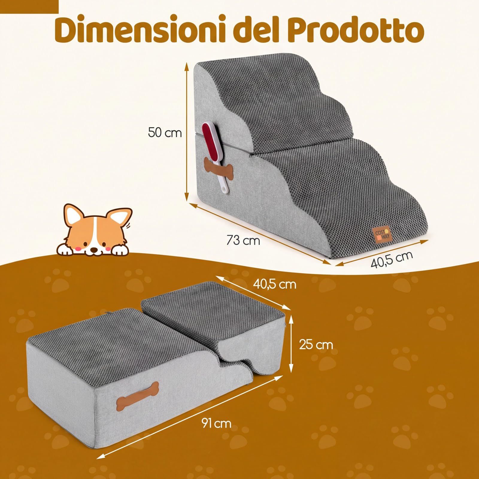 COSTWAY Scaletta per Cani a 4 Gradini Altezza 50 cm, Scala Cane in Spugna per Salire Letti Alti, Divani e Poltrone con Fondo Antiscivolo, Copertura Lavabile, Scala per Cani e Gatti (73 x 40,5 x 50 cm)