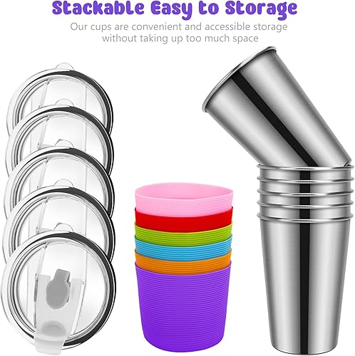 Miniatura 6 de Yummy Sam Paquete de 6 vasos de 16 onzas para niños con tapas a prueba de derrames, de acero inoxidable, irrompibles, aislados, con mangas