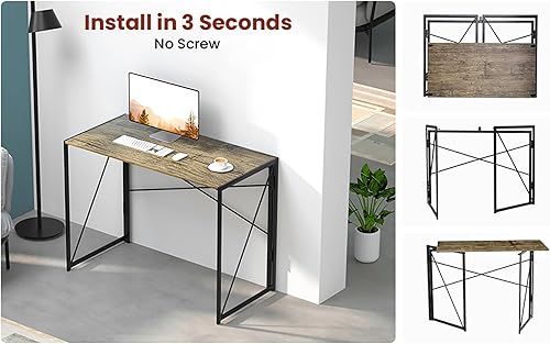 Miniatura 7 de Escritorio plegable para computadora para oficina en casa, pequeño escritorio portátil de 39 pulgadas, roble marrón claro y marco negro, mesa de