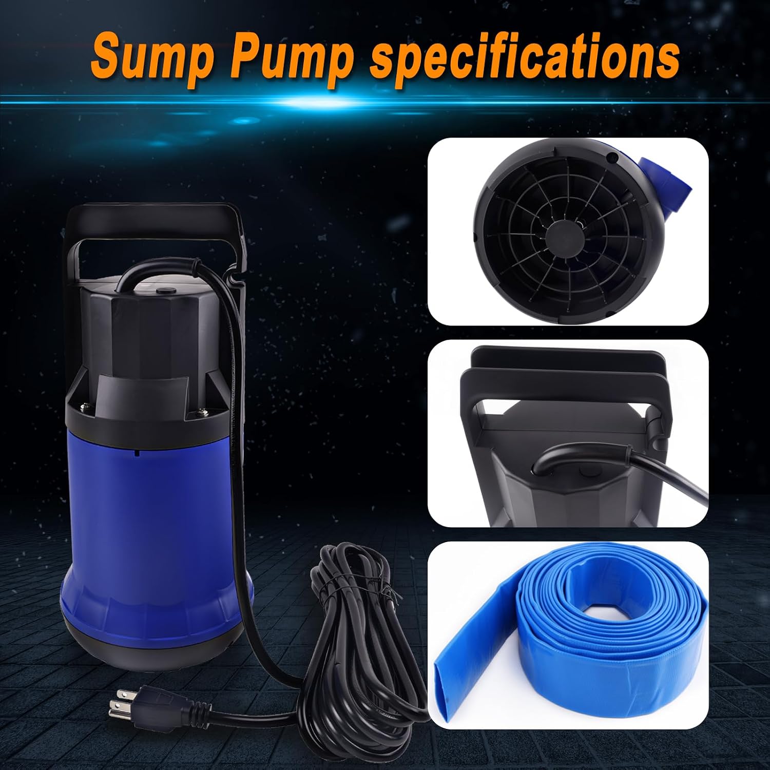 KQ9004(1100W) Sump Pump, 4000GPH High Flow Submersible Pump | Water Pump, Equipped with 7.2-meter Water Hose and 5-meter UL Wire, For Swimming Pool, Pond ,Basement, Rooftops