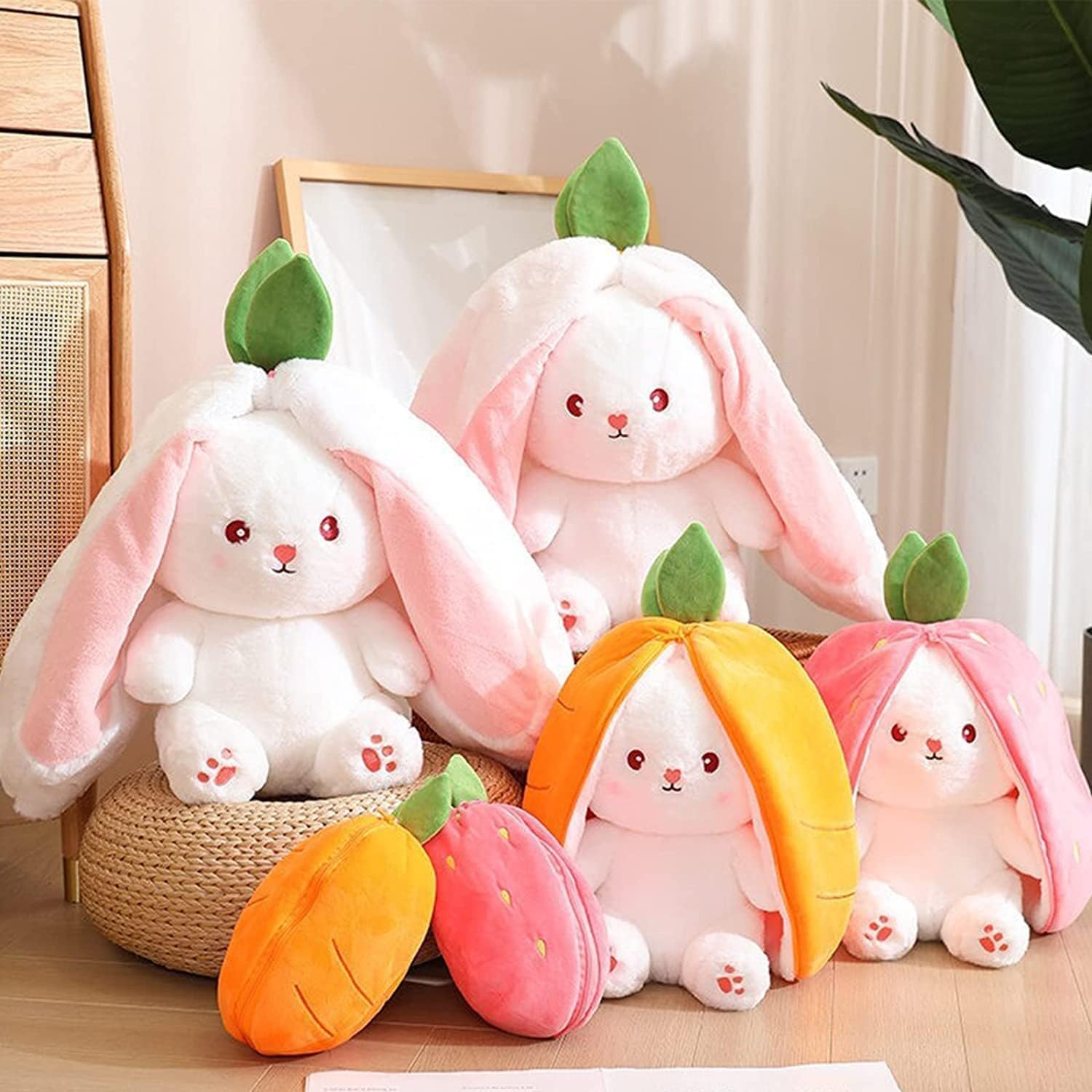 MOKRUSH Plush Toy Big 34 CM Pillow, Reversible,Cute Rabbit Sofa Pillow, Easter Bunny Stuffed Animal Cute Rabbit Plushie Birthday Gift for Boys Girls and Kids (Strawberry + Carrot) 2