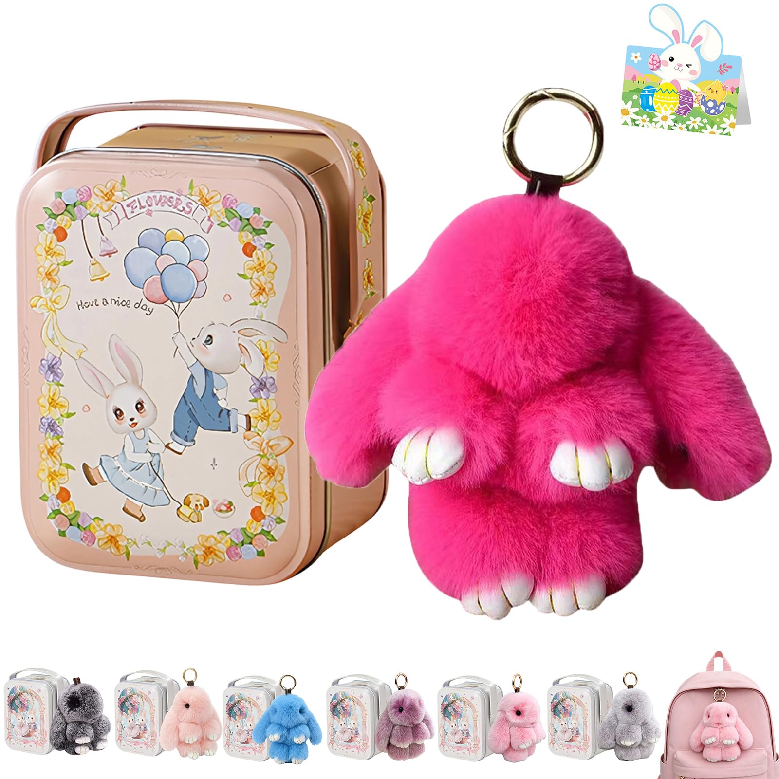 Bunny Lulu Keychain With Tin Box, Bunny Keychain Charm Bao Rabbit Pompom For Bags, Easter Girls Women Gift — view 12