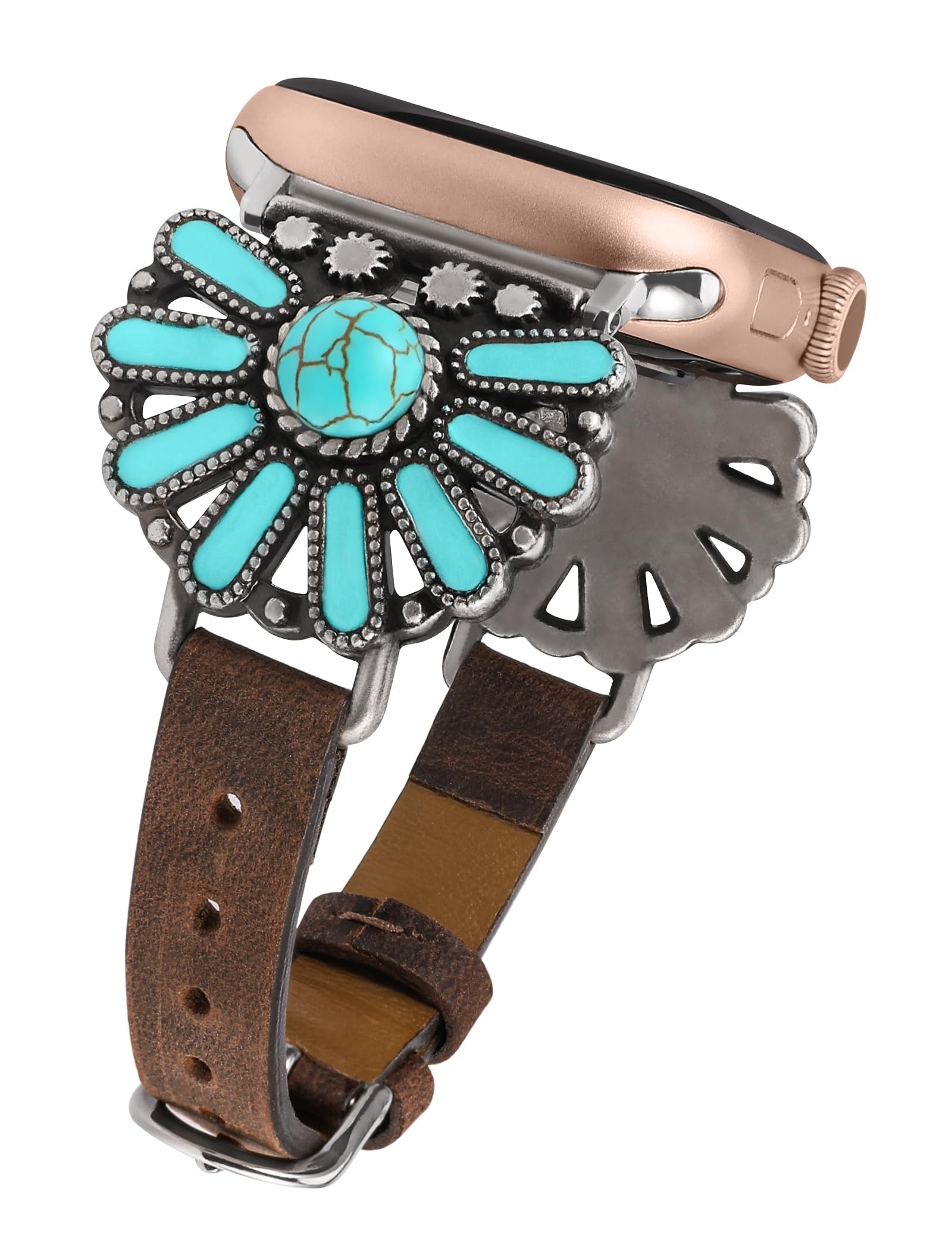 W-RARA Leather Band Compatible with Apple Watch Band Women 38/40/41/42/44/45/49mm, Boho Western Vintage Turquoise Ethnic Antique Style Strap for iWatch Series Ultra 2 SE 9 8 7 6 5 4 3 2 1