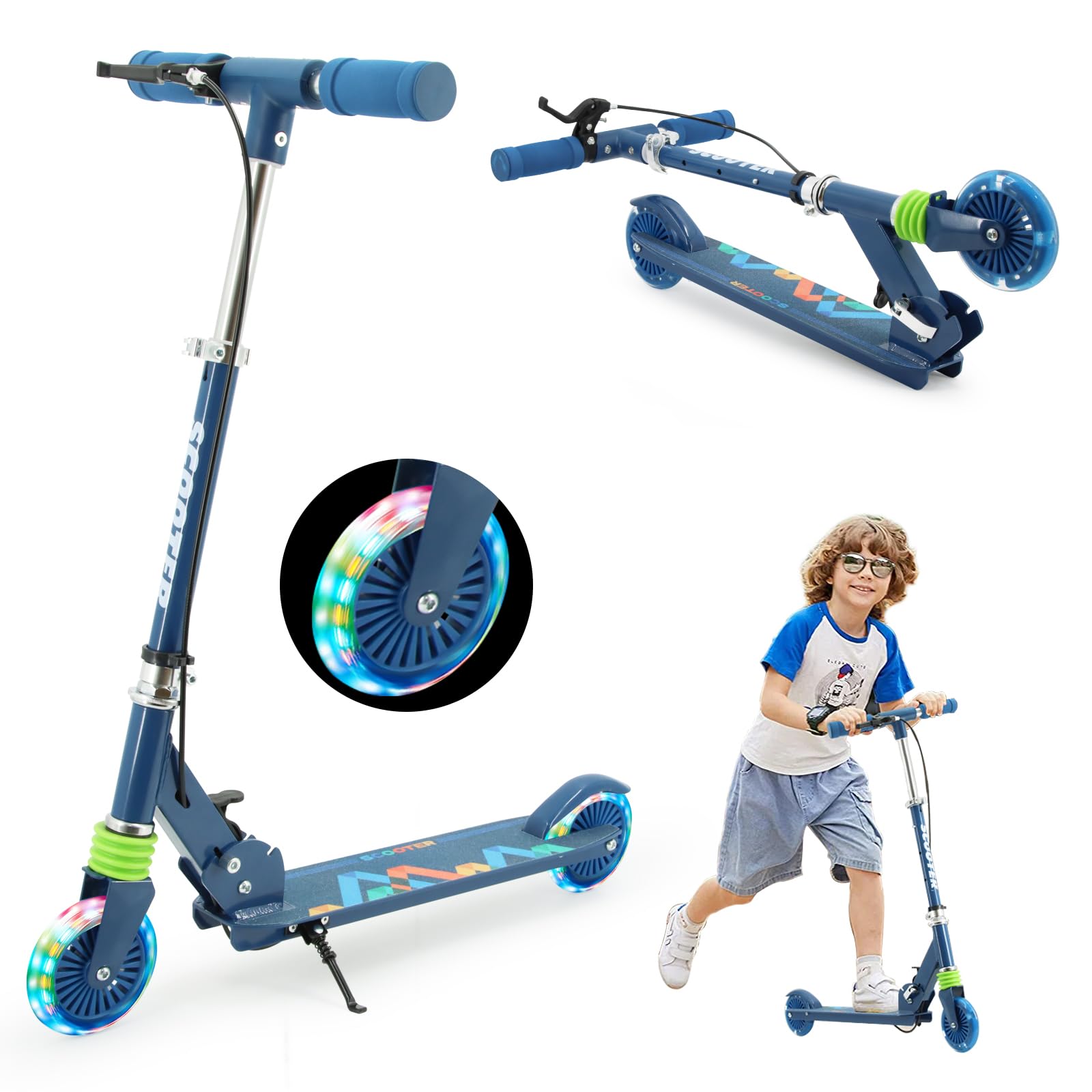 TENBOOM キックボード キッズスクーター キッズ 子供 新型ハンドルブレーキ付き 3～12歳子供用 2輪 LEDタイヤ 耐荷重50kg 幼児車 おもちゃ 折り畳み式 方向変換 ベビー プレゼント BLUE