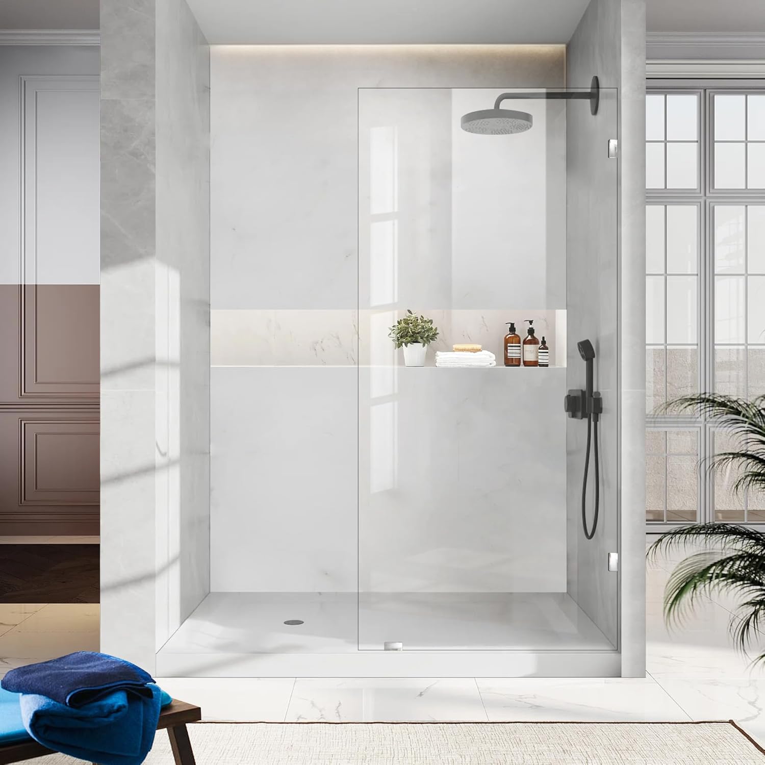 34" W x 74" H Shower Screen, Fixed Frameless Shower Glass Panel with 5/16"(8mm) SGCC Clear Tempered Glass, Single Shower Door for Bathroom (Chrome, 34" W x 74" H)