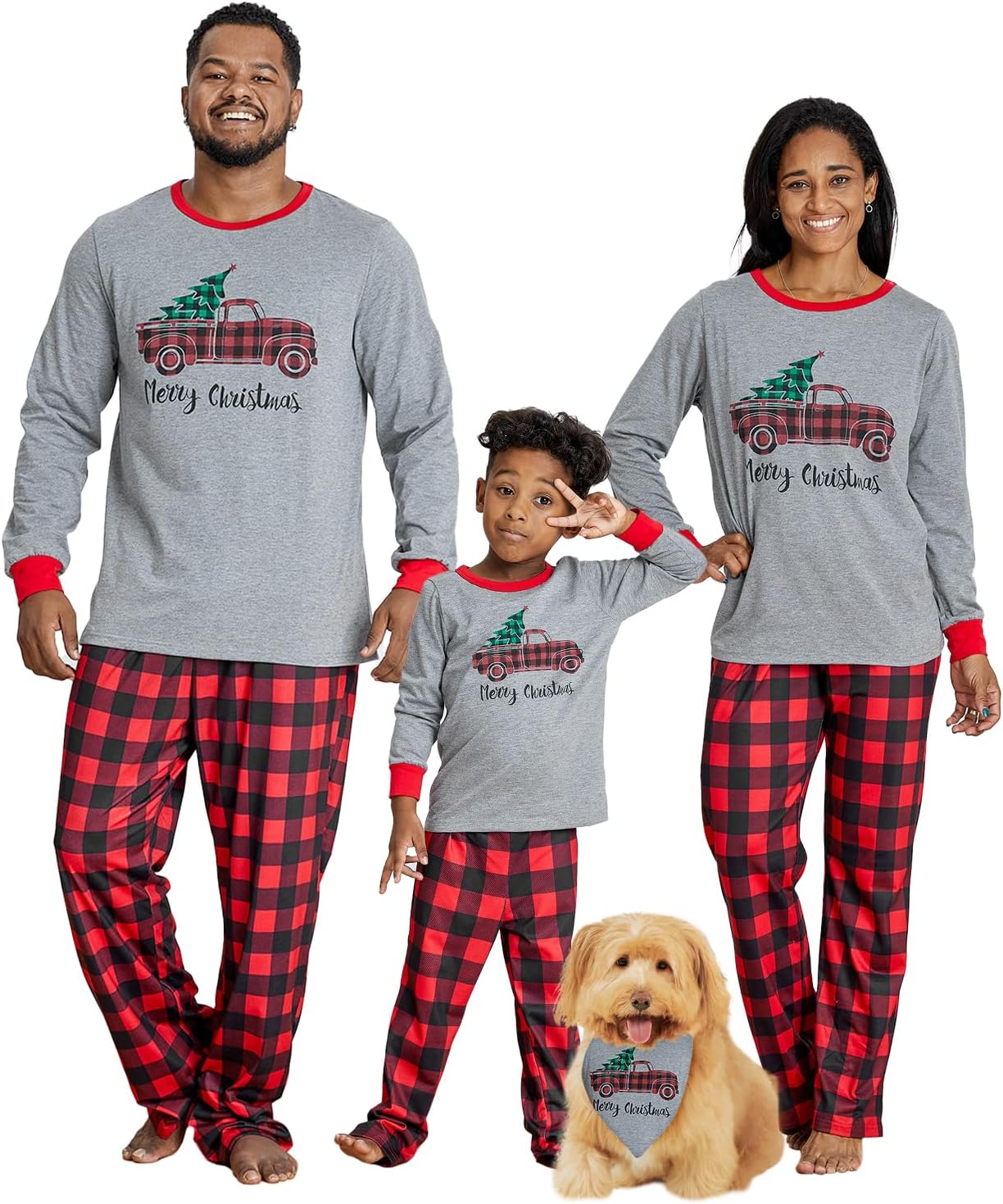 IFFEI Family Christmas Pajamas Matching Sets PJ's Sleepwear Printed Top and Plaid Pants with Pockets Pet Large Grey Truck