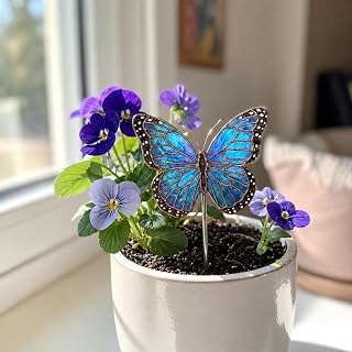 Blue Morpho Butterfly Resin Suncatcher Garden Stake - Stained Glass Style Resin Garden Stake Iridescent Wings Plant Marker Gift for Mom Grandma Nature Lover 8 inches