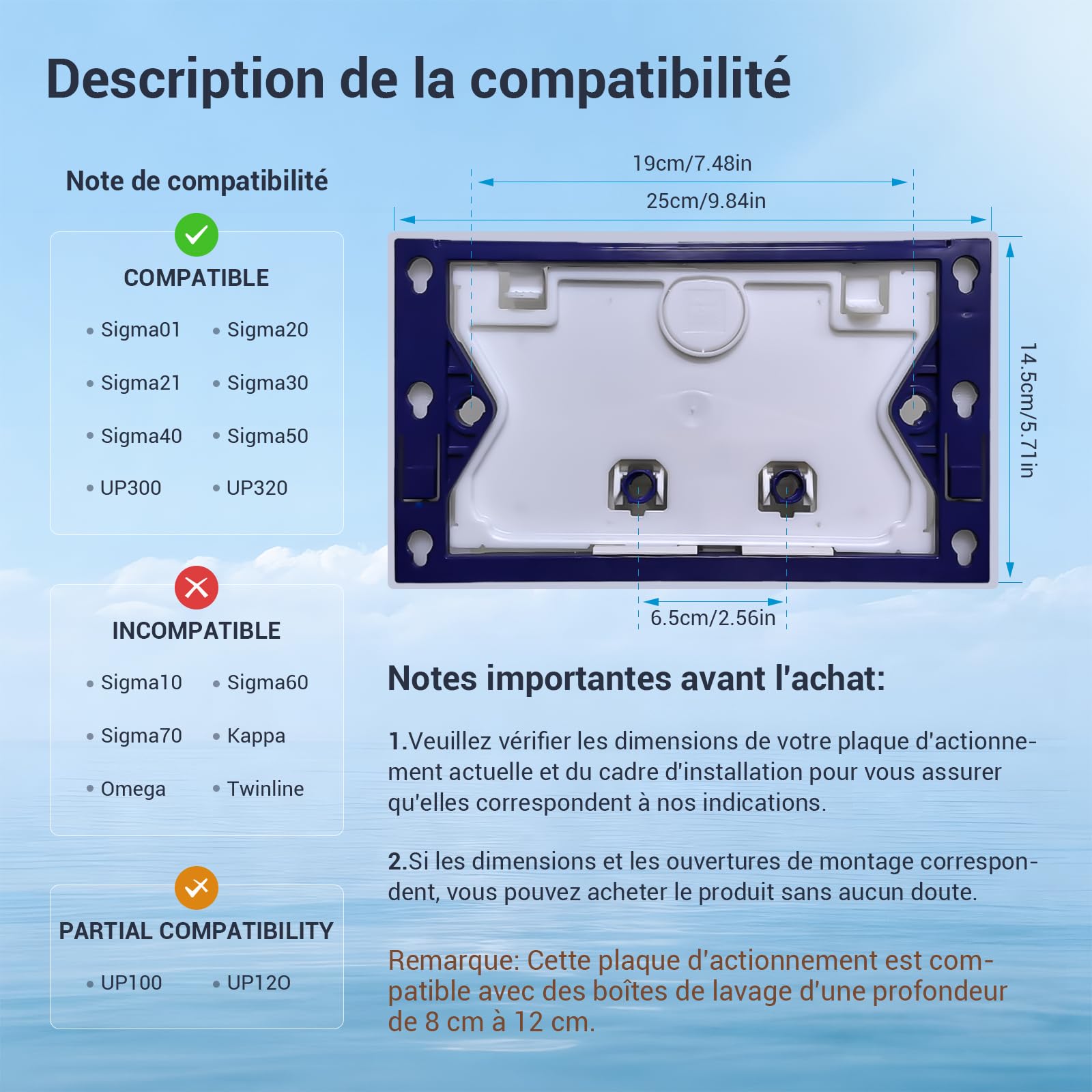 Plaque de déclenchement commande Bouton de chasse d'eau Accessoire pour réservoir de WC Compatible avec Geberit Sigma01,20,30 UP300 et UP320, fonction double chasse(Noir Mat)