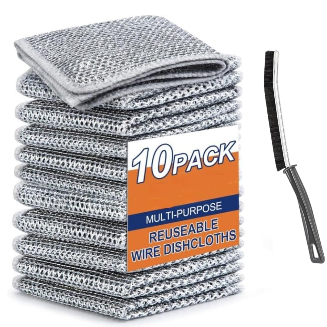 MelodySusie 10 Pack Nail Drill Non $-c-r-a-c-h W-i-r-e D-i-s-h-c-l-o-t-h ,Multipurpose R-a-g-s for Easy Rinsing,Reusable,Cleaning C-l-o-t-h for K-i-t-c-h-e-n (10 Clothes + 1 Brush)