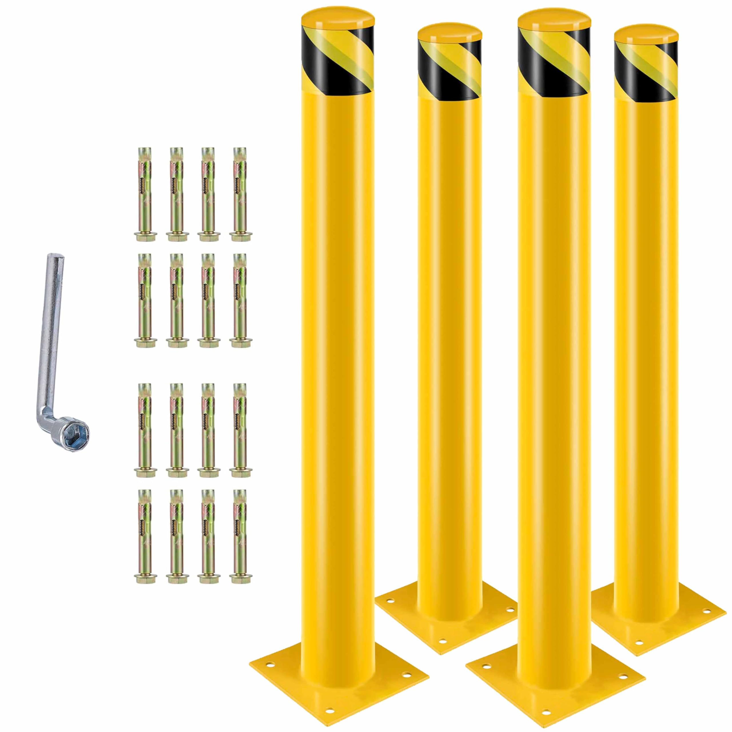 Safety Bollard, 48-Inch Tall Steel Safety Bollard with 4.5-Inch Diameter, Yellow-Painted Steel, Equipped with 16 Anchor Bolts for Stability,Ideal for Traffic-Sensitive Zones(48inch 4 PCS).